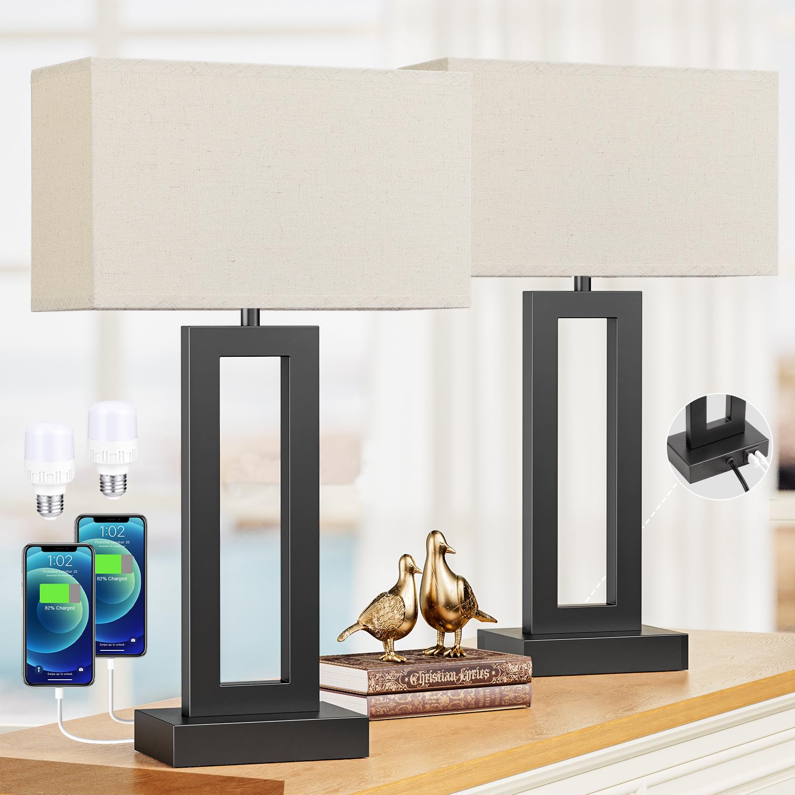 Seealle Modern 22" Tall Bedside Lamps For Night Stands - Touch 3 Way Dimmable Bedroom Lamps (Set Of 2) With Usb C+A (Beige & Black)