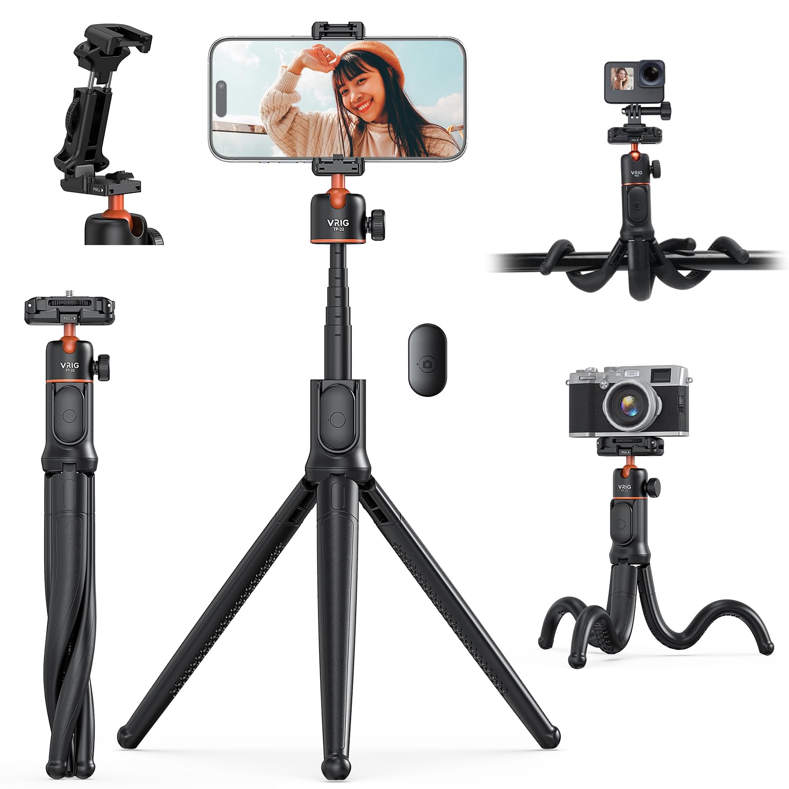 Vrig Select Vrig Flexible Tripod With Remote, Camera Tripod Stand With  Phone Holder W Cold Shoe Mount, 1/4'' Screw For Magic Arm,Universal For Iphone 16 15 14 Pro Max Samsung Canon Nikon Sony Cameras