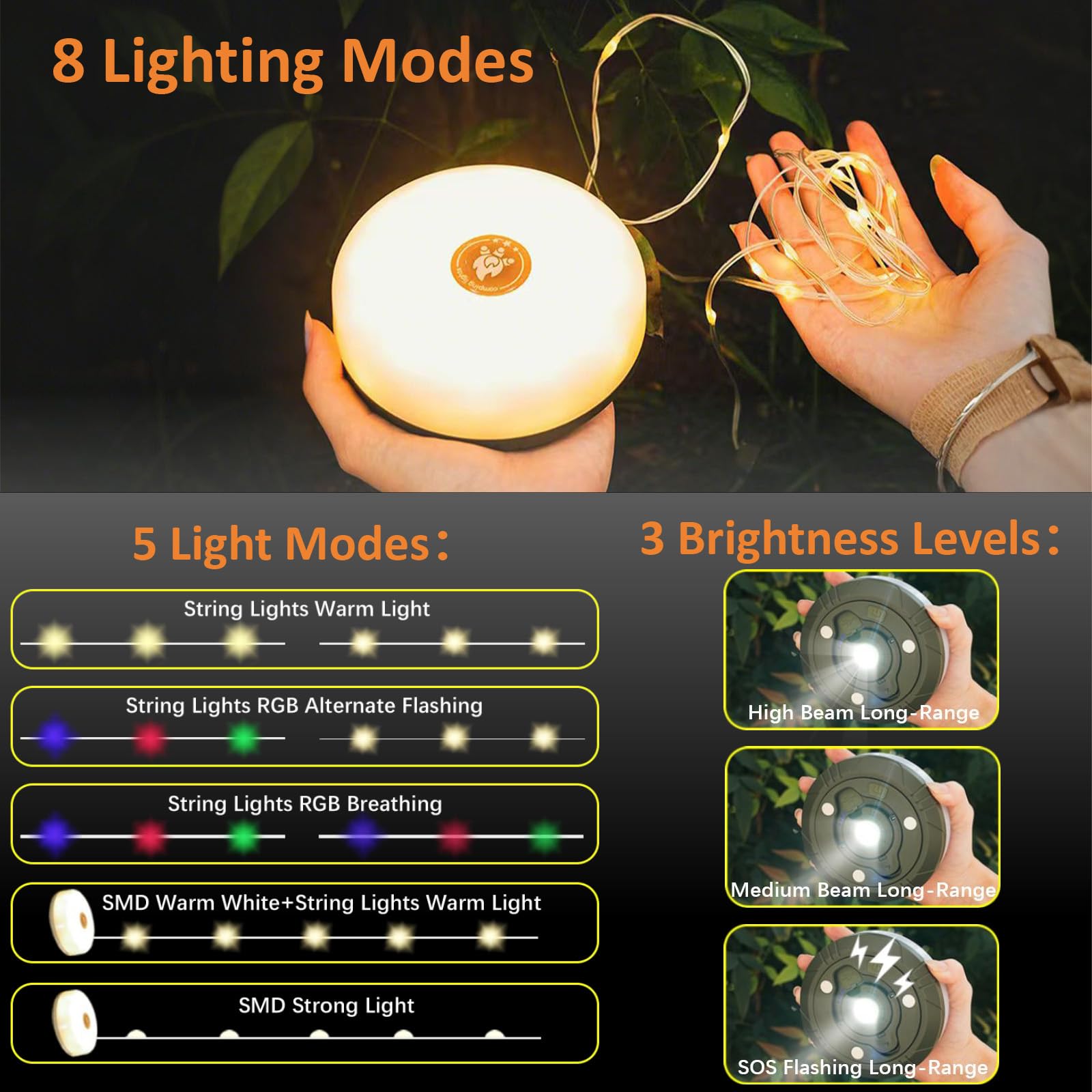 Venqibyz Camping String Lights, 4 In 1 Outdoor Camping Lantern With 8 Lighting Modes, Quick Storage, Camping Essentials Gear 32.8Ft Lamp Lights Waterproof, Rechargeable Tent Lights For Garden Hiking Christmas