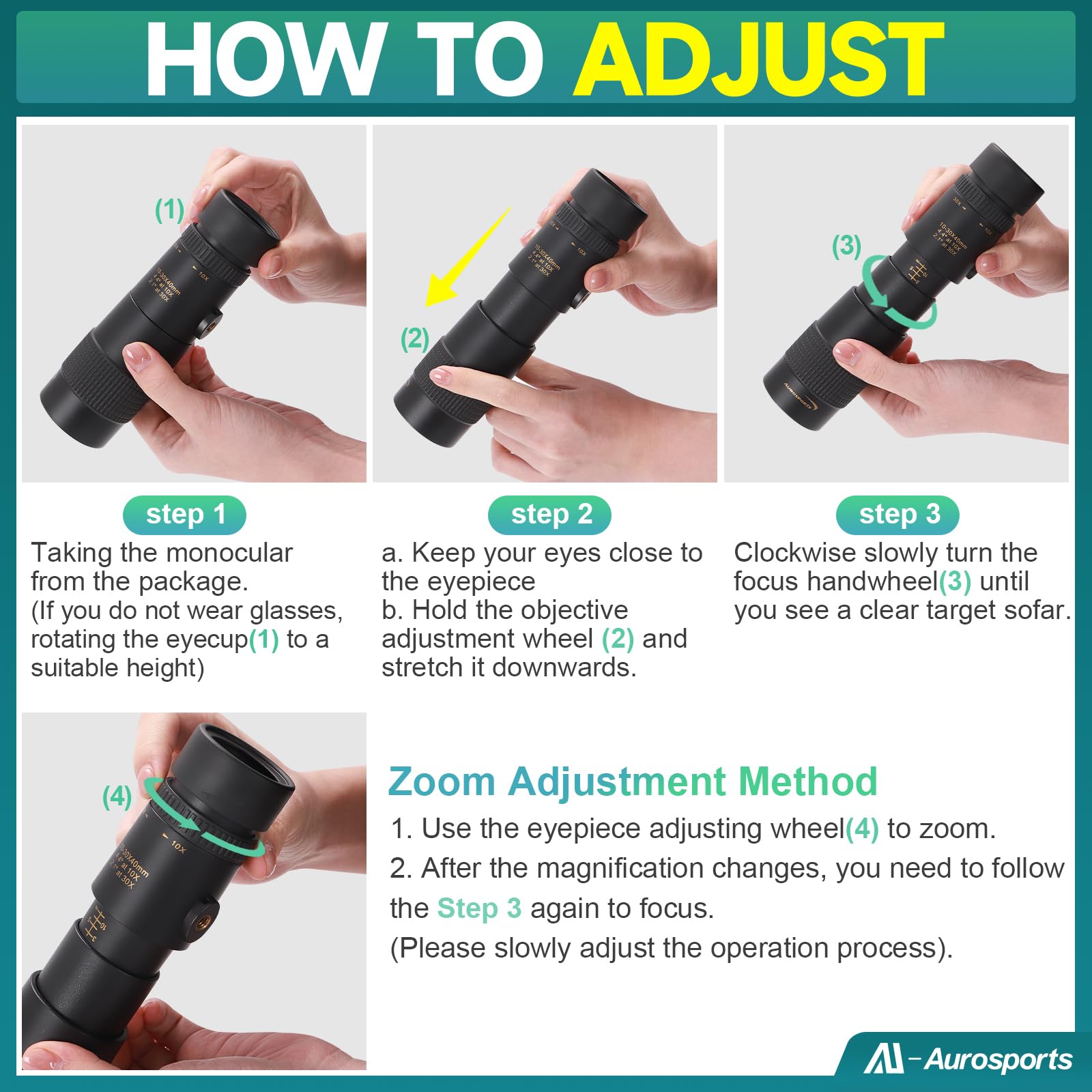 Aurosports 10-30X40 Zoom Monocular For Adults, Monocular Telescope High Power With Bak4 Prism, Compact Monoculars For Bird Watching Traveling Hunting Camping