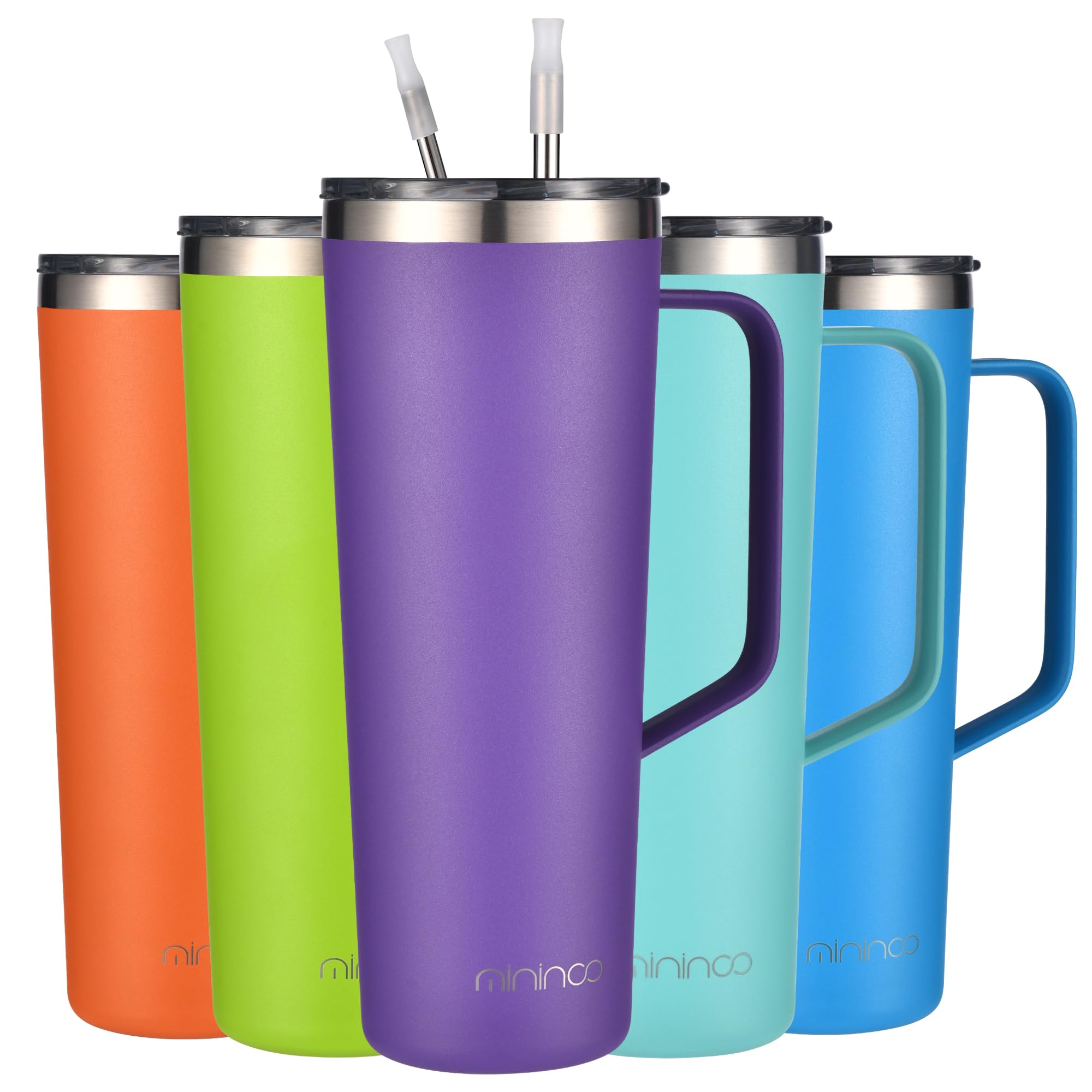 Mininoo 24 Oz Tumbler With Handle, Insulated Travel Coffee Mug With Lid And Straws, Stainless Steel