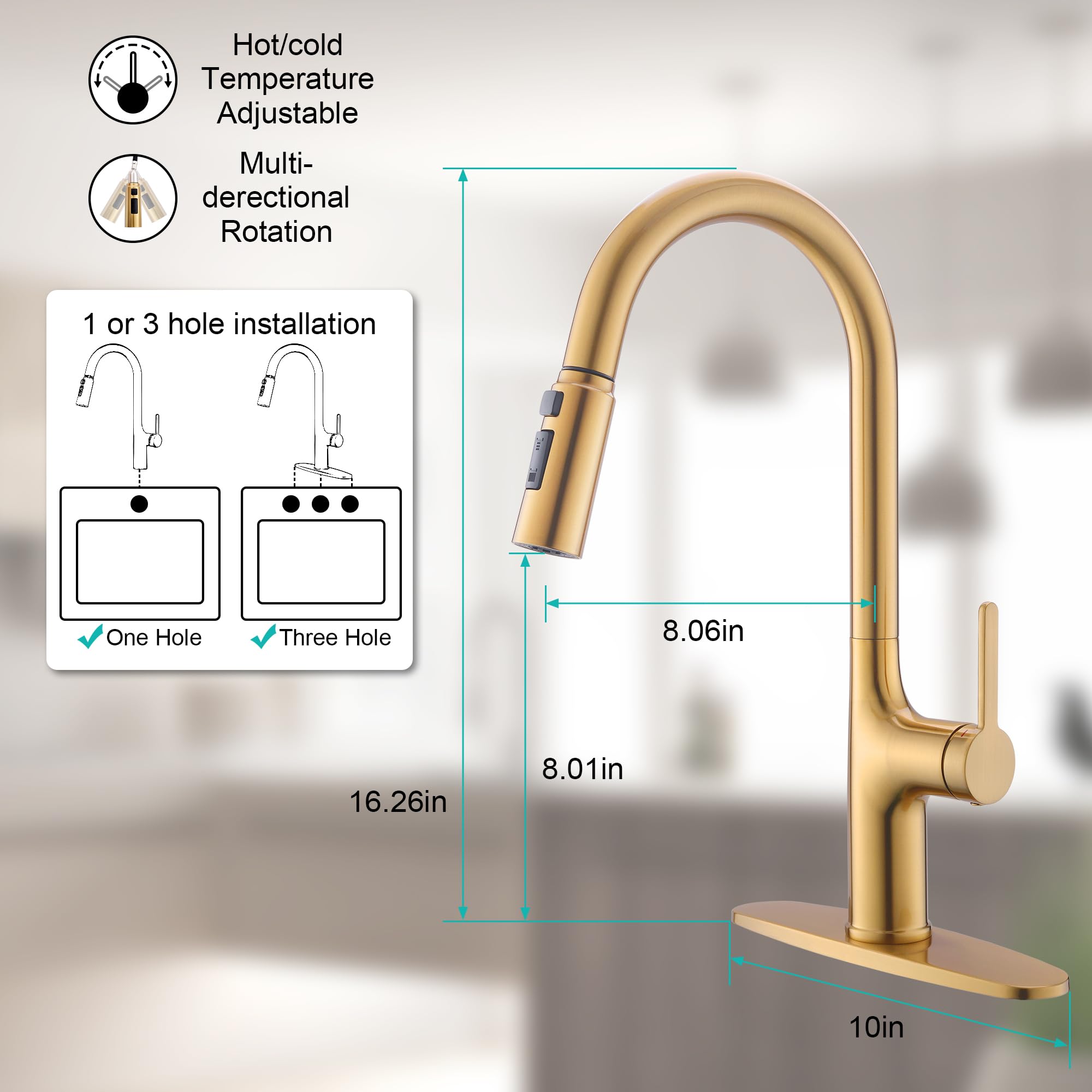 Fropo Brushed Gold Kitchen Faucet, Single Handle Gold Kitchen Sink Faucet With Pull Down Sprayer Modern Stainless Steel Brass Gold Faucet With Deck Plate 3-Function Spray Head 1 Or 3 Hole