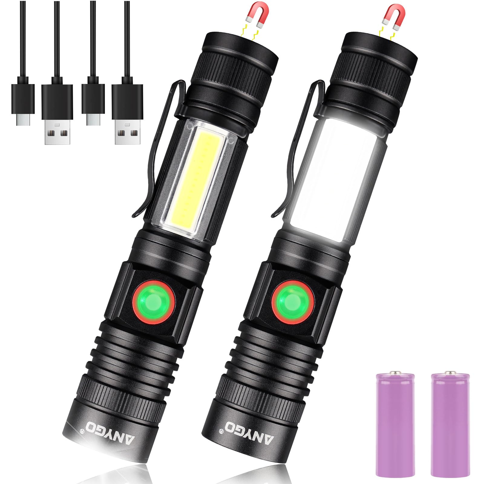 Anygo Rechargeable Usb Magnetic Led Flashlight High Lumens With Cob Sidelight, 1500Lm, Ip65 Waterproof, 4 Modes, Zoomable Linterna For Car, Camping, Repair And Emergence(2-Pack)