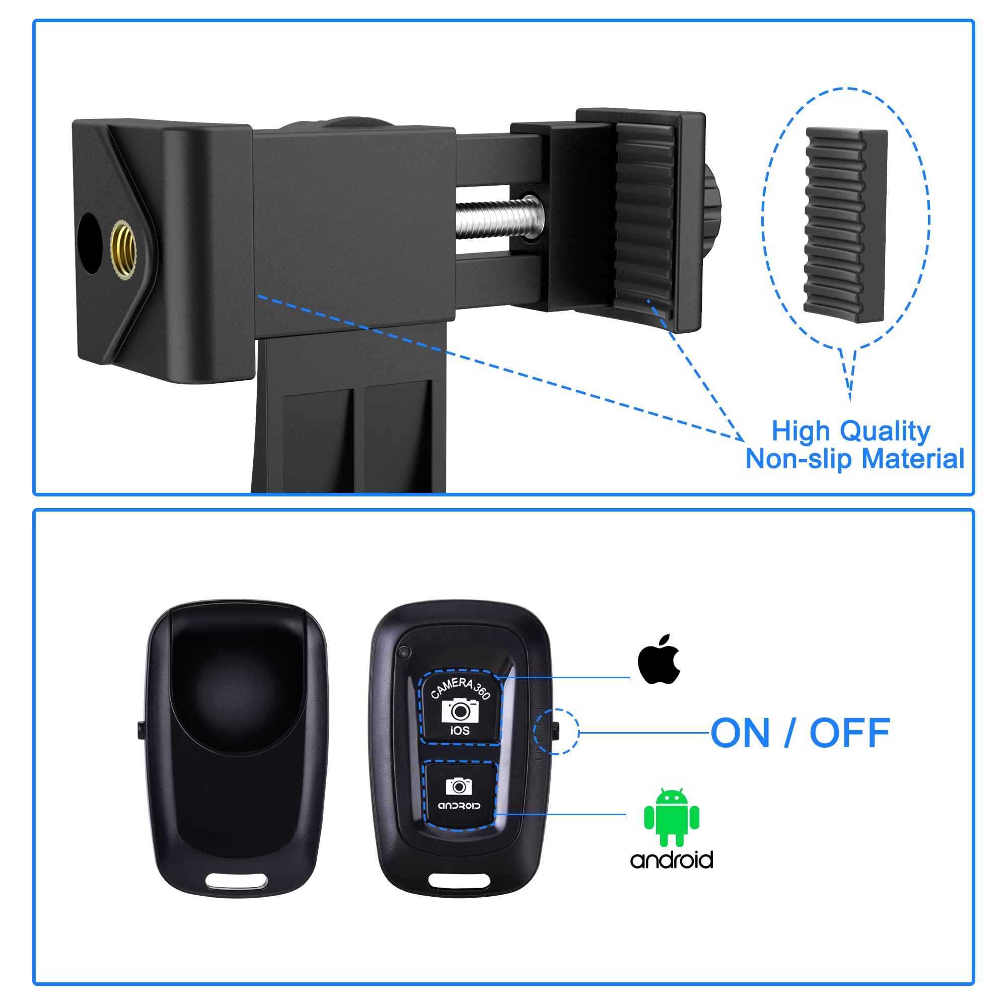 Zttopo Universal Phone Tripod Mount Adapter With WIreless Camera Remote , Cell Phone Holder With Adjustable Clamp For Selfie Stick Monopod Compatible With Iphone, Samsung And So On , Wrist Strap Included