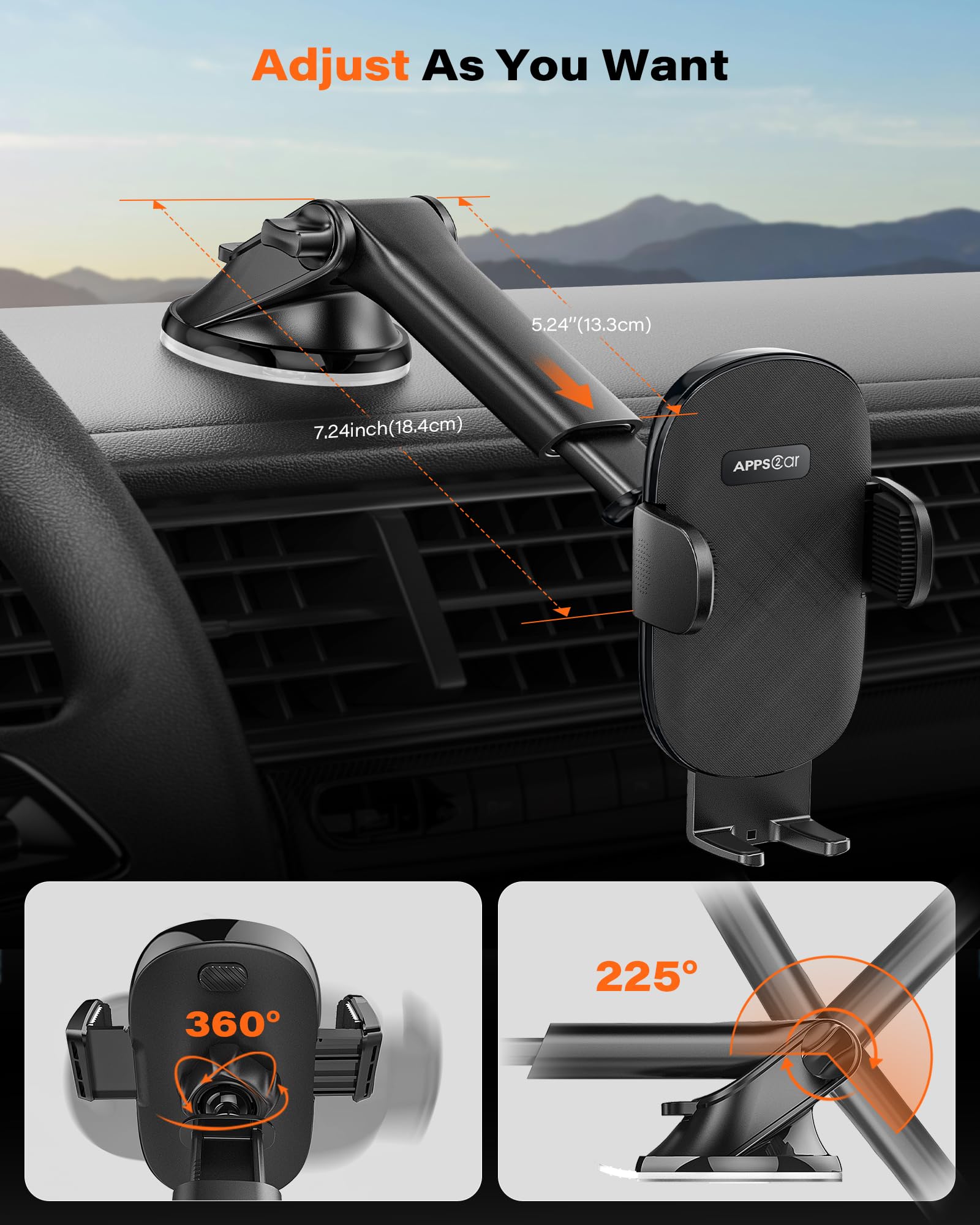 Apps2Car Car Phone Holder Mount, Dashboard/Windshield/Cell Phone Holder For Car, Compatible With Iphone, Samsung, All Phones,Black