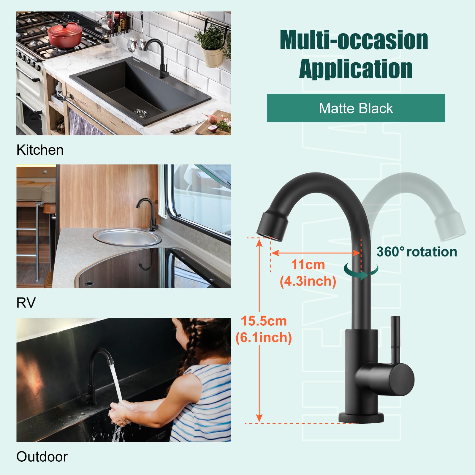 Heyalan Cold Water Only Kitchen Faucet Single Handle 1 Hole Deck Mount Sus304 Stainless Steel Sink Bar Tap Goose Neck,8.3Inch,Matte Black