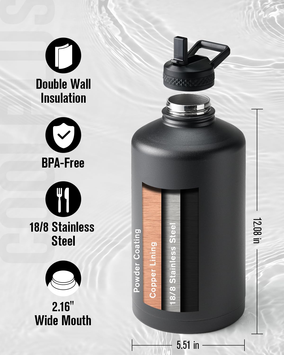 Coolplus Gallon Water Bottle Insulated With Straw, Water Jug 128 Oz Stainless Steel Double-Walled