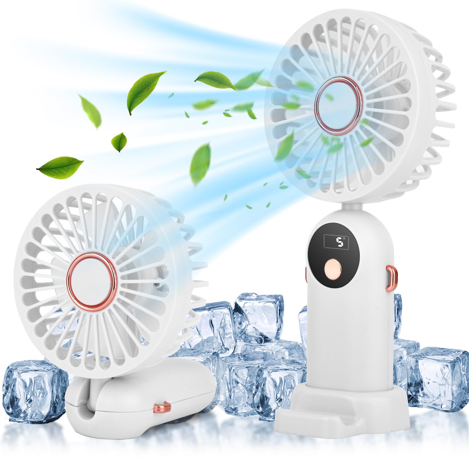 Handheld Fan, White Portable Fan Mini Desk Fan 90 Degrees Foldable 5 Speeds Standing With Base - Koospark