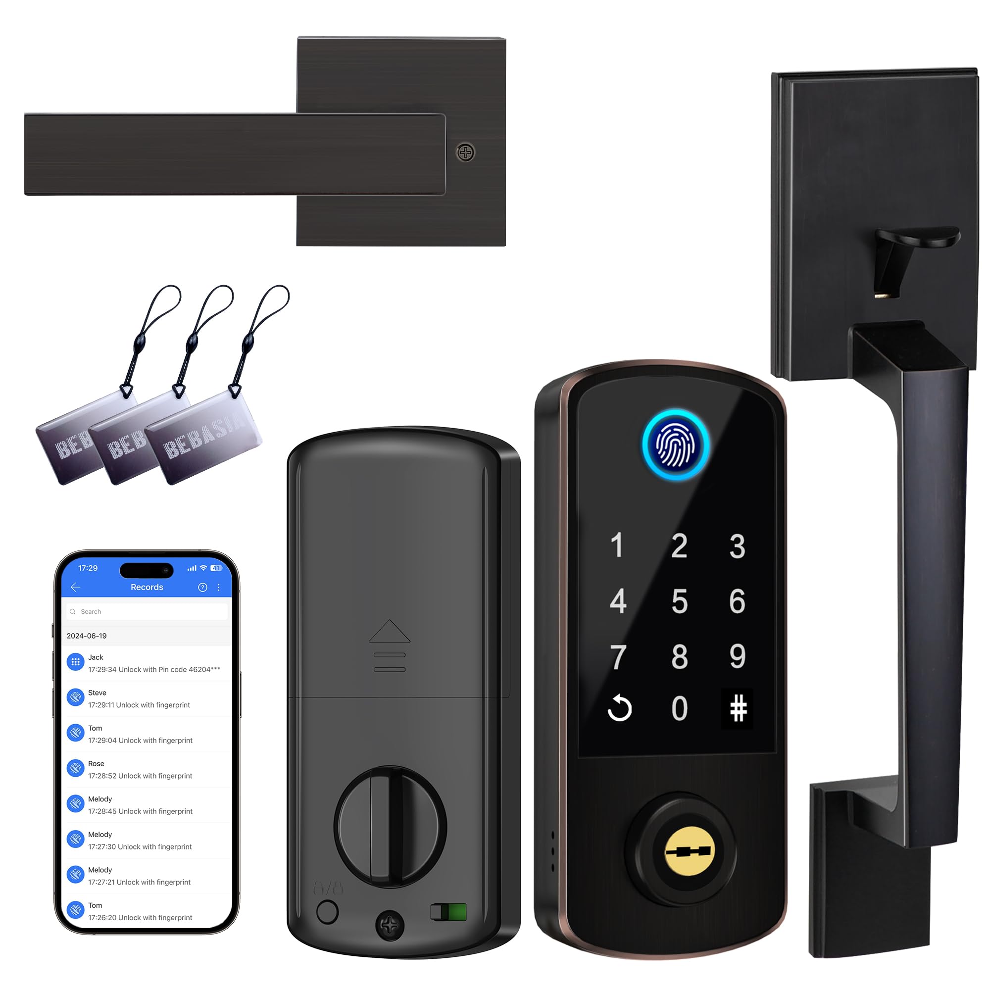 Bebasia Keyless Entry Door Deadbolt With Handle Set, Fingerprint App Smart Door Lock, Digital Keypad Bluetooth Deadbolt Lockset With Auto Lock Code Fob Aged Bronze