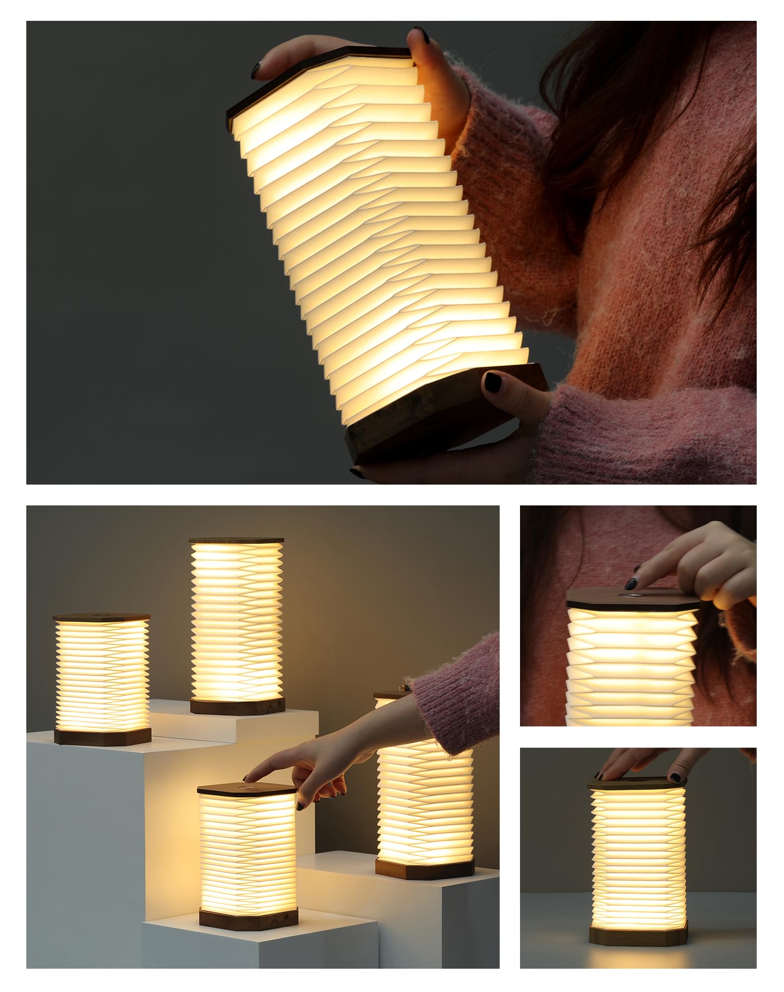 Zbole Vertical Accordion Lamp, Warm Light, Adjustable Height & Brightness, Usb Charging, Ideal For Home Decor & (Walnut)