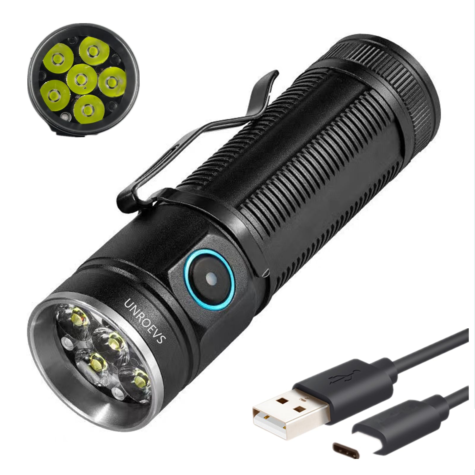 Unroevs Xc03 Pocket Flashlights High Lumens Max 3000 Lumen,Rechargeable Powerful Flashlight With High Powered 6 Pc Led,5-Mode Flash Light,Compact Flashlight For Camping, Emergency.