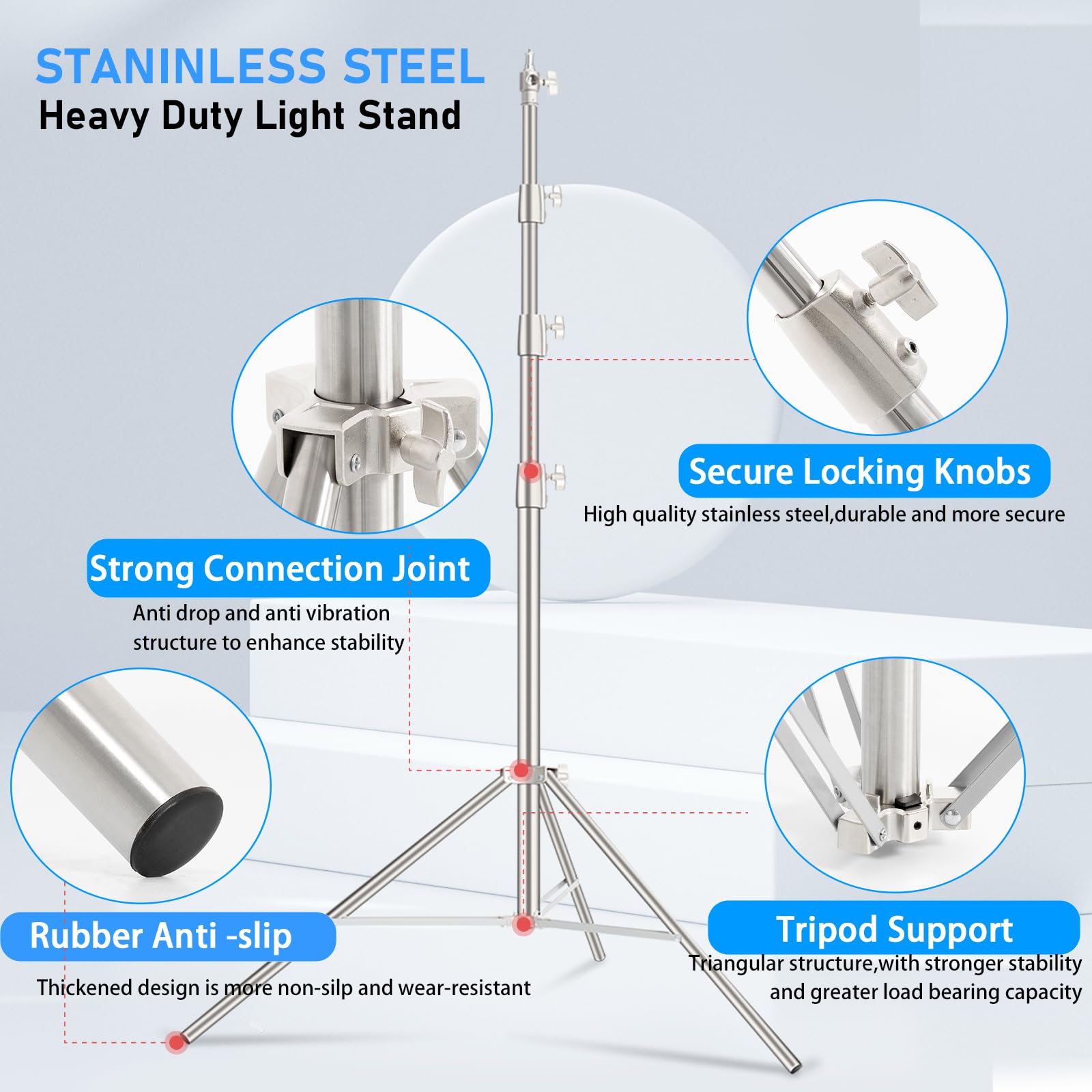 Ambitful Stainless Steel Photography Light Stand,13.1Ft/4M Spring Cushioned Heavy Duty Tripod Stand With 1/4” To 3/8” Screw Adapter For Strobe,Led Video Light,Ring Light, Monolight, Softbox