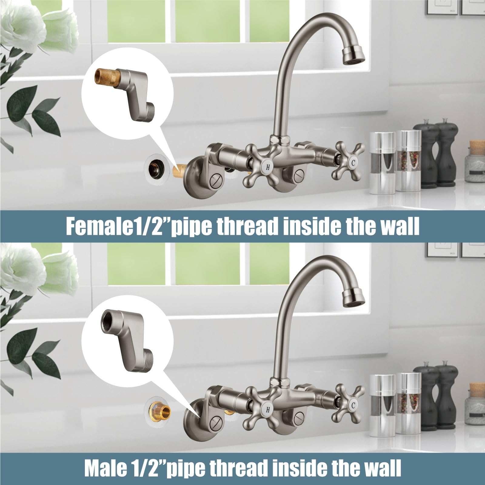 Aolemi Wall Mount Kitchen Faucet 6 Inch Center With Swivel Spout Adjustable Spread 2 Cross Handle Basin Sink Mixer Tap, Brushed Nickel, H&C Label