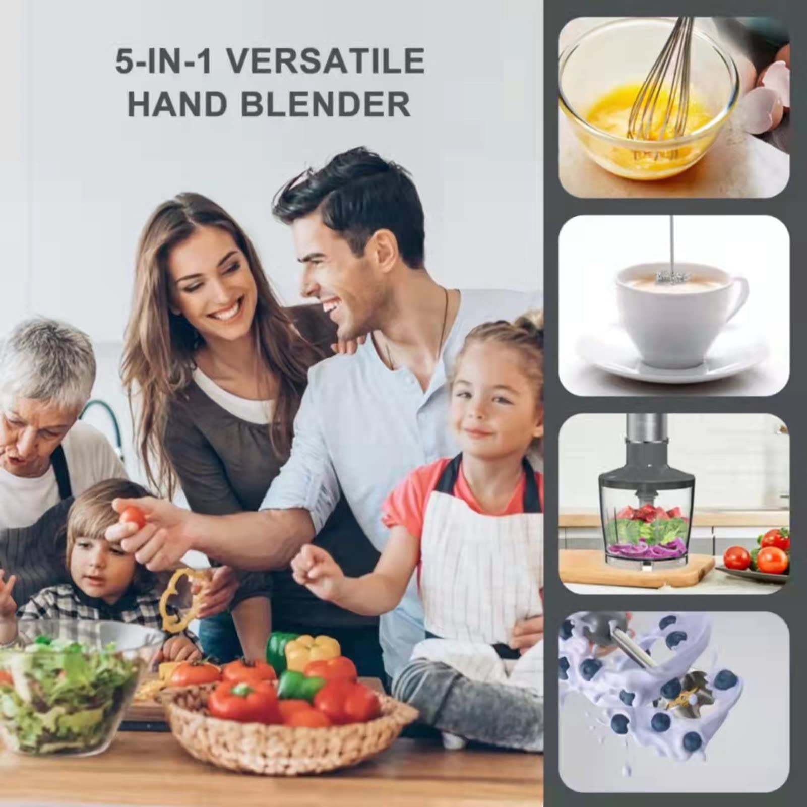 Mewmewcat Handheld Blender,5-In-1 Multifunctional Handheld Stick Blender With Whisk 6 Adjustable Speeds For Kitchen