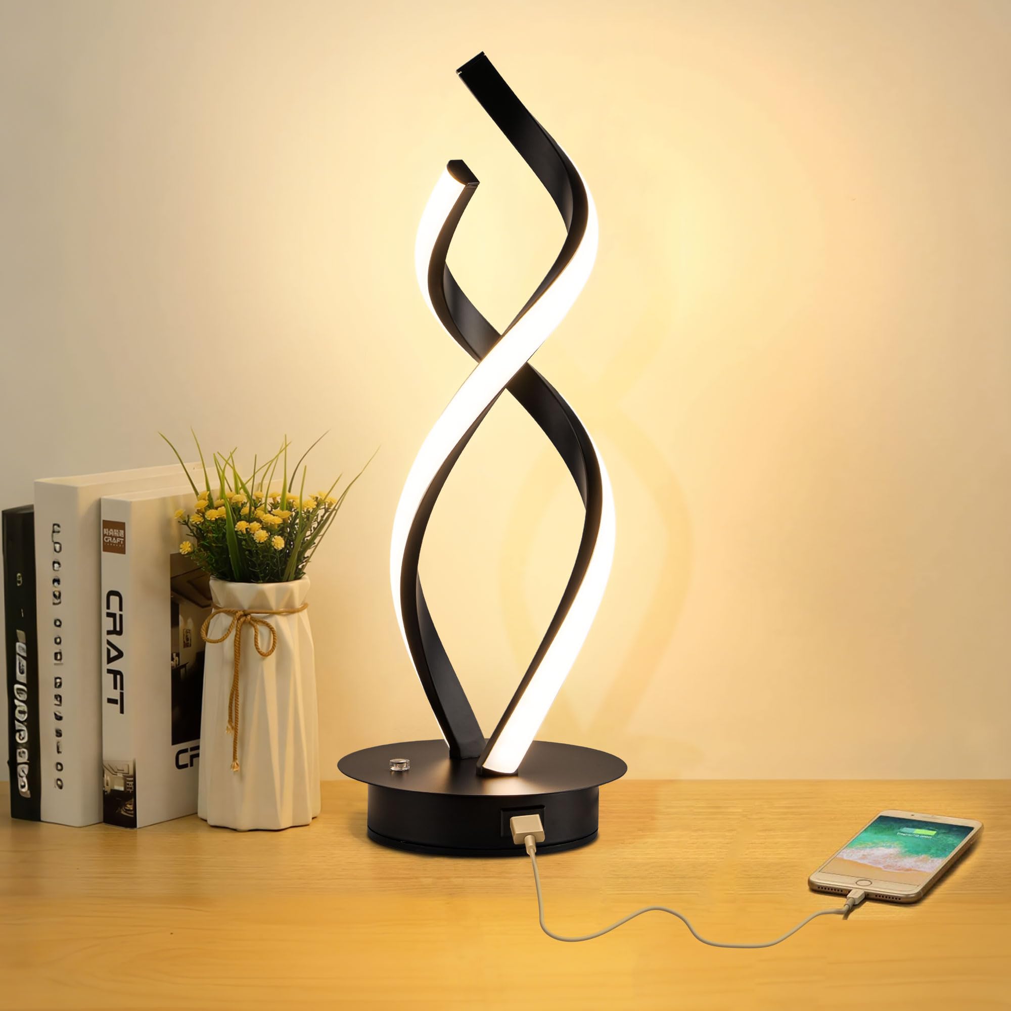 Adebime Modern Spiral Touch Lamp - Warm White Led Nightstand Light, Adjustable Brightness For Home And Office, Black