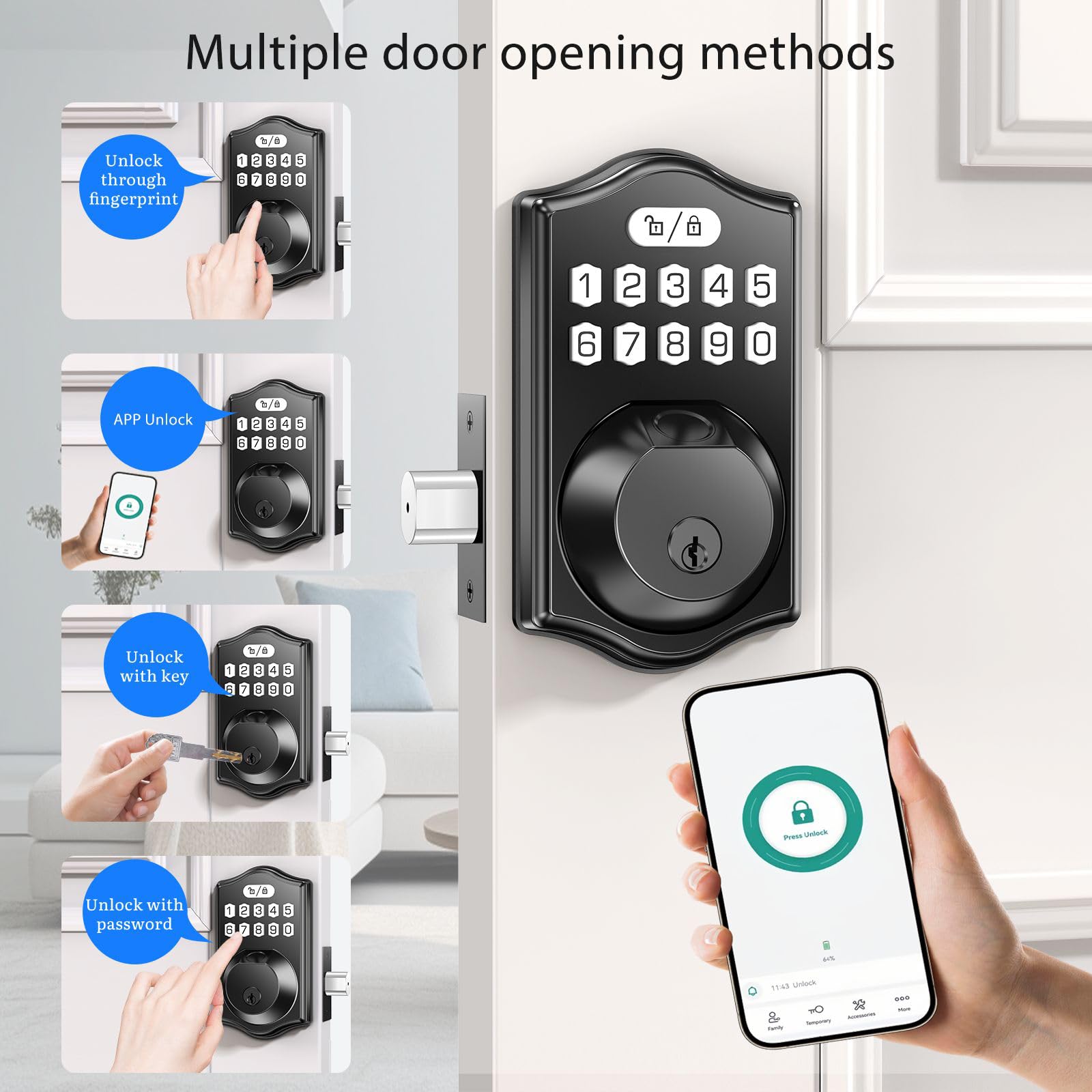 Nbfrutk Keyless Entry Door Lock Deadbolt With Handle Set- Front Door Fingerprint Smart Locks With 2 Lever Handles-Keypad Code Deadbolt -App Control,Auto Lock,Easy To Install