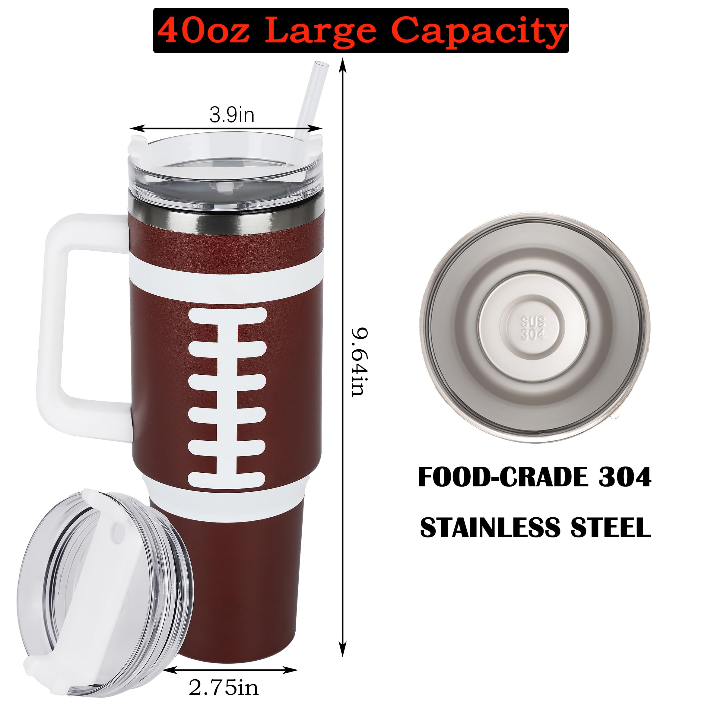 40Oz Insulated Tumbler With Lid And Straws, Stainless Steel Football Cup With Handle, Coffee Mug