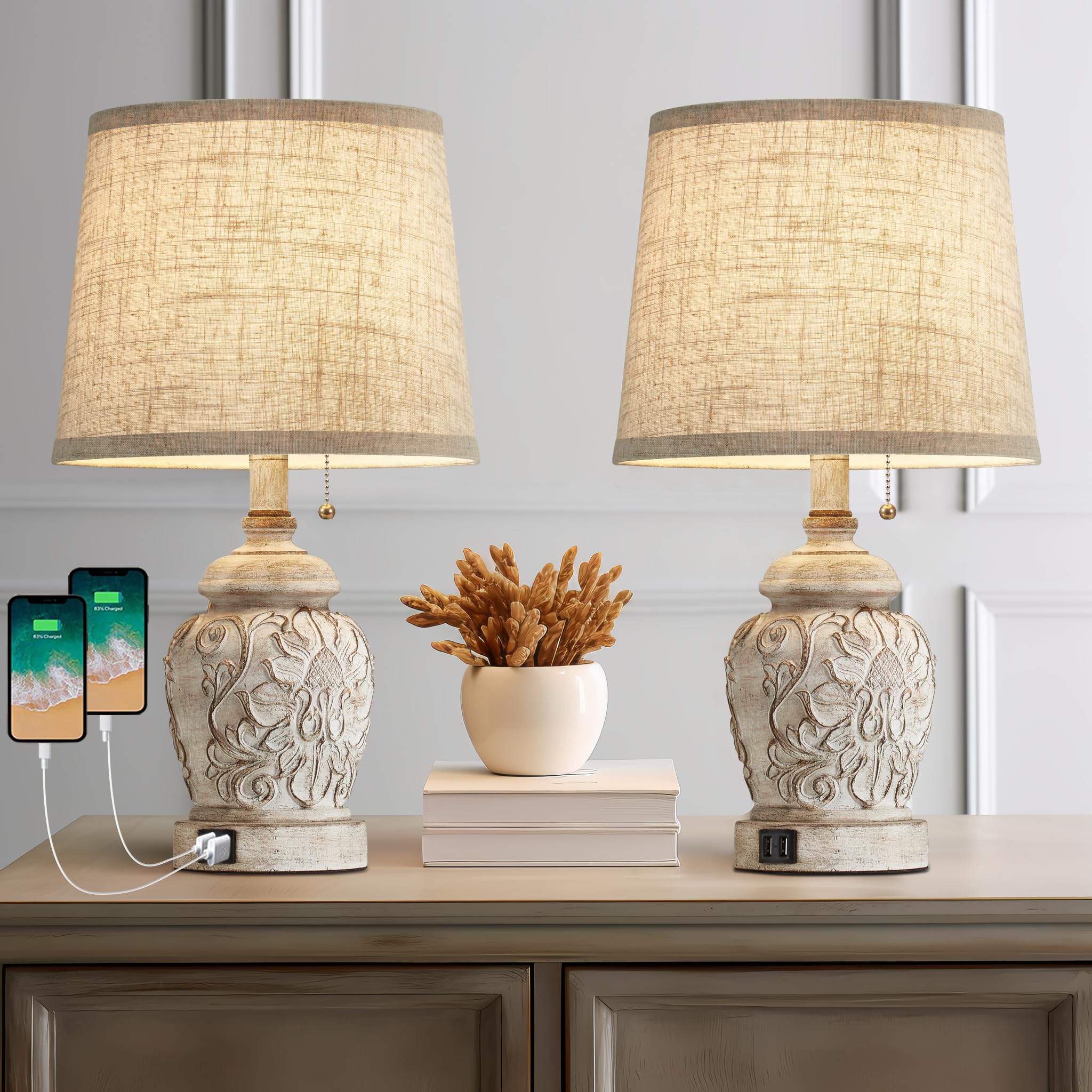 Fullarge 19.5" Vintage Rustic Table Lamp Set Of 2 Farmhouse Table Lamps For Living Room Bedroom Decor With Usb Ports Traditional Carved Floral White Bedside Night Light Lamps With Pull Chain Switch
