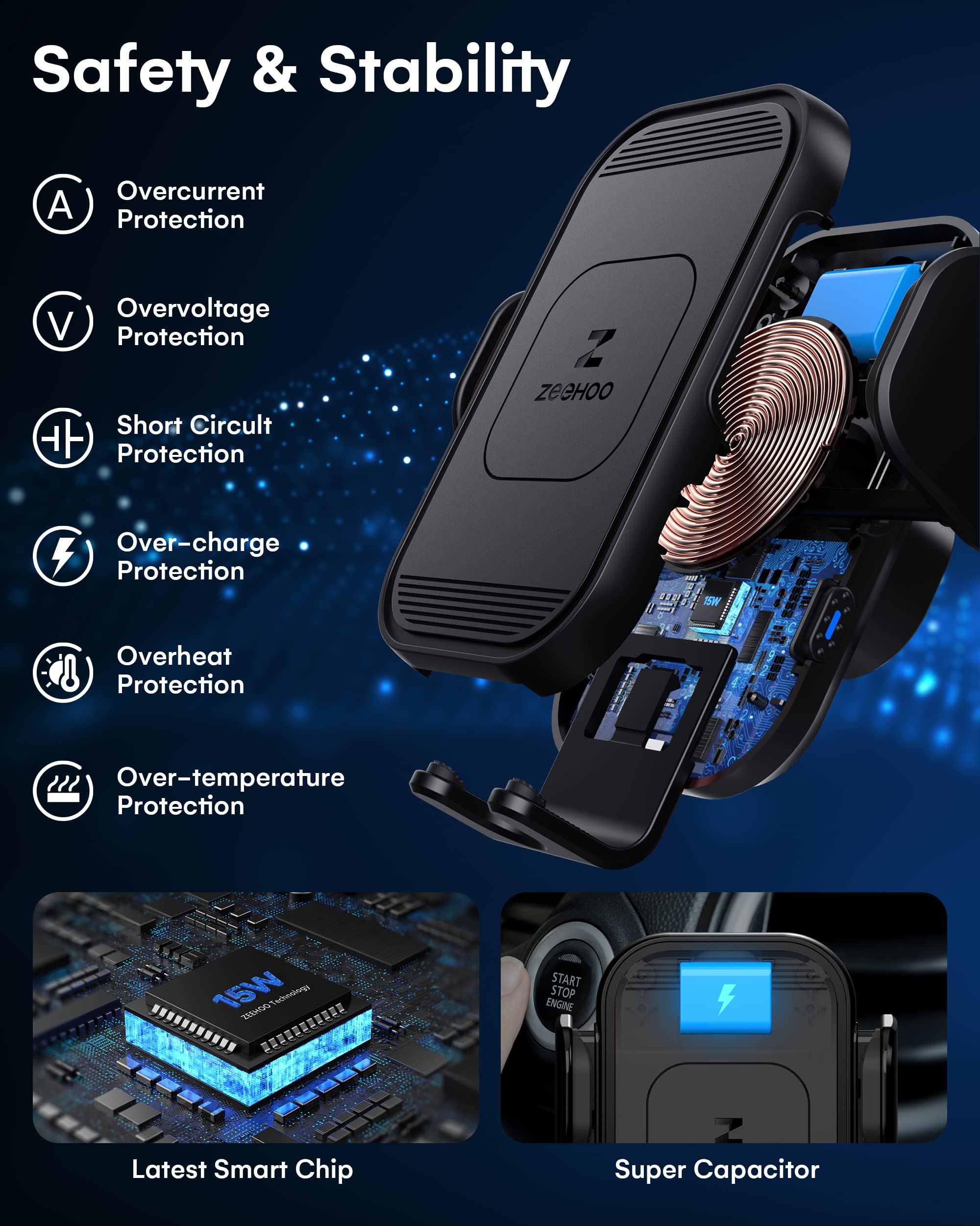 Zeehoo Wireless Car Charger, 15W Fast Charging, Auto Clamping Car Phone Mount, Cell Phone Holder Charger, For Iphone 15 14 13 12 11 Pro Max Xs, Etc. (Black)