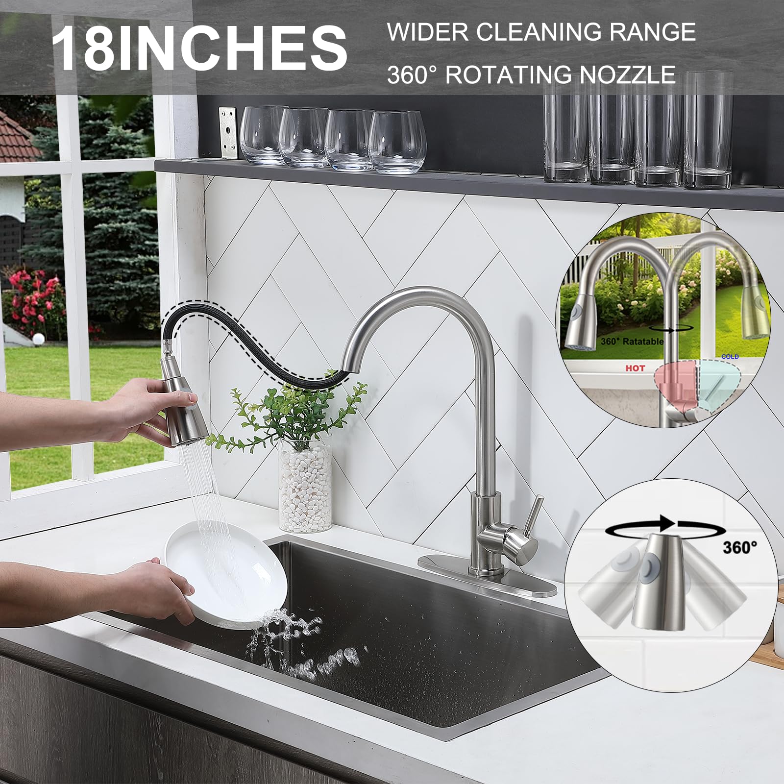 Friho Brushed Nickel Kitchen Faucet With Pull Down Sprayer, Modern Single Handle Stainless Steel Pull Out Spring Kitchen Sink Faucets With Deck Plate For Camper Rv Bar