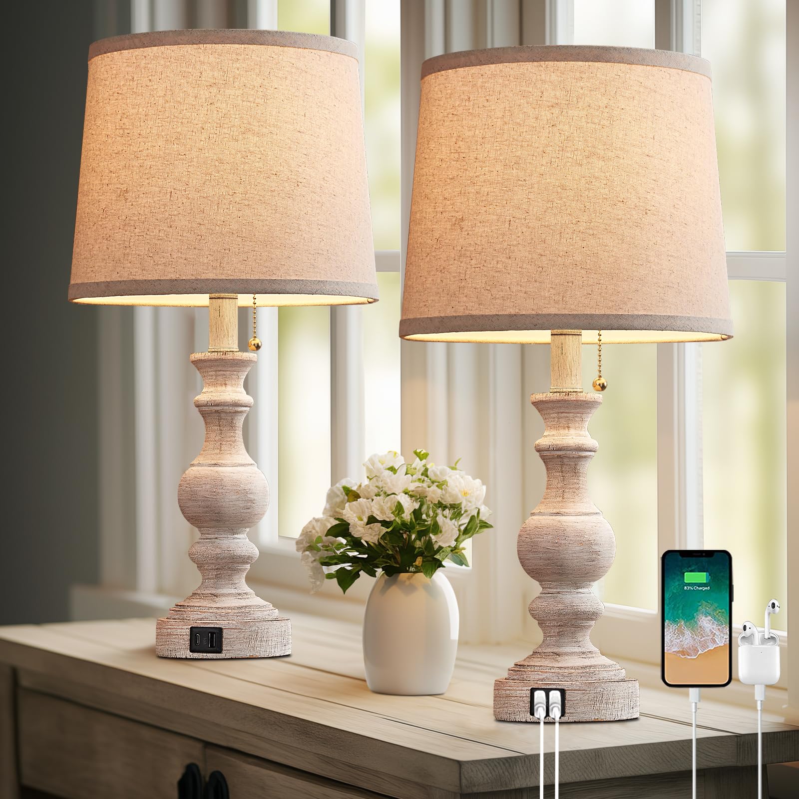Booucuu Table Lamp For Bedroom Set Of 2 Farmhouse Bedside Lamps For Nightstand With Usb C+A Charging Ports Traditional Table Lamps For Living Room - Pull Chain Switch, Bulbs Not Included