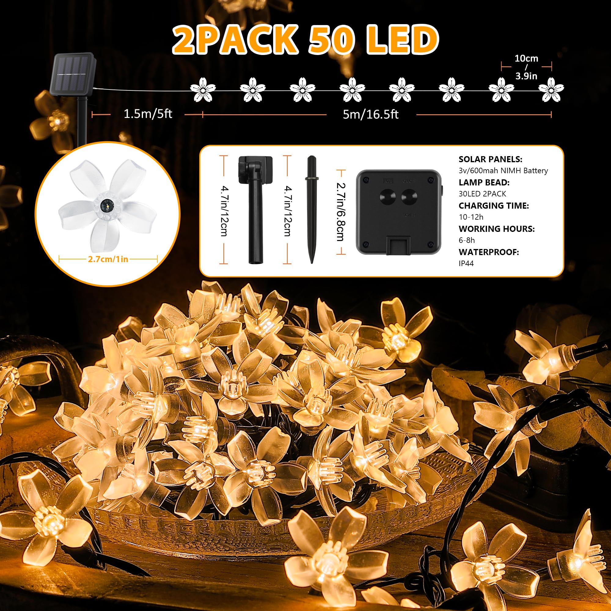 Oopswow Solar Flower String Lights,2Pack 50 Led Solar Fairy Light Outdoor Waterproof,Cherry Blossoms String Lights For Fence Patio Yard Christmas Tree,Lawn,Patio,Garden Decoration(Warm White)