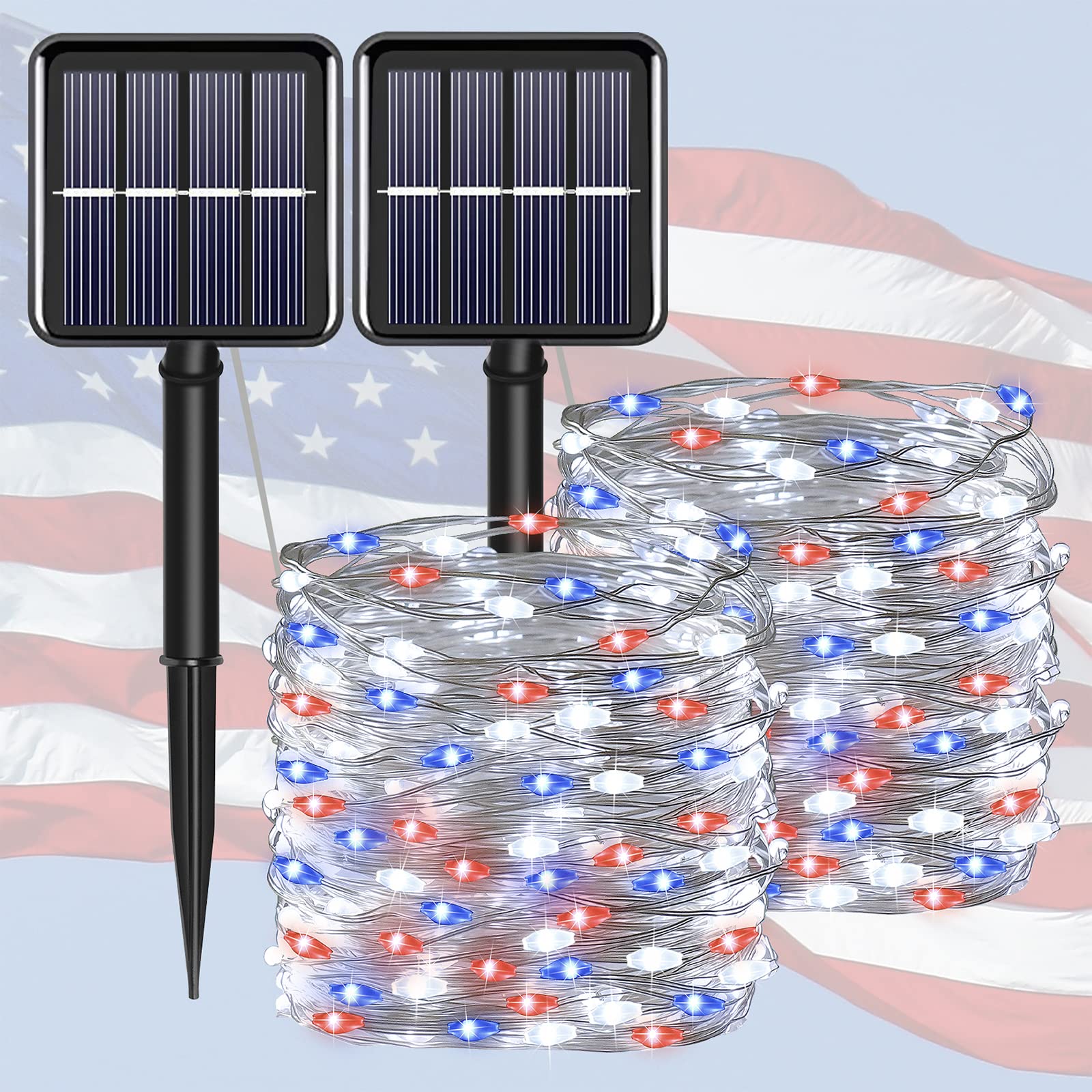 Yaozhou 4Th Of July Memorial Day Patriotic Decorations Solar String Lights Outdoor Waterproof-Red White And Blue Lights,2Pack Each 100Led 33Ft,Ip67 Waterproof 8 Modes Fairy Lights For Garden,Patio Yard