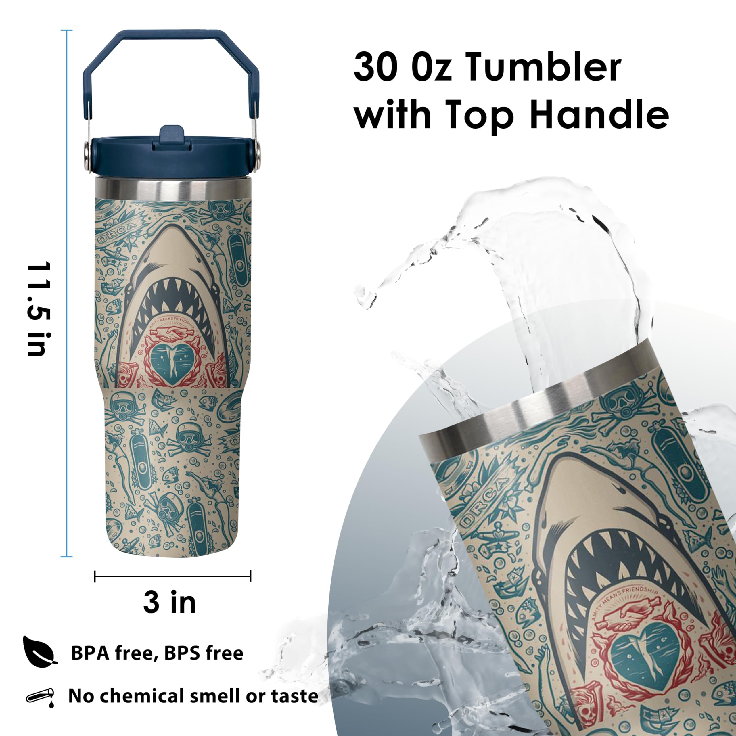 30 Oz Shark White Flip Straw Tumbler With Top Handle For Sharkhead White Lover Resuable