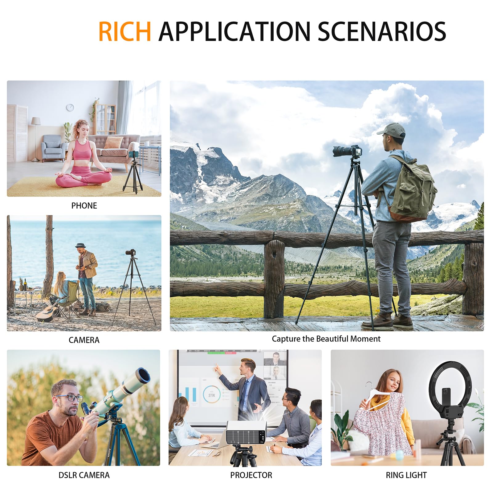 Auleda 60″ Camera Tripod Lightweight Travel Tripod Stand Compatible With Canon Nikon Dslr Cameras With Wireless Remote Phone Holder And Bag Max Load 6.6 Lb Black