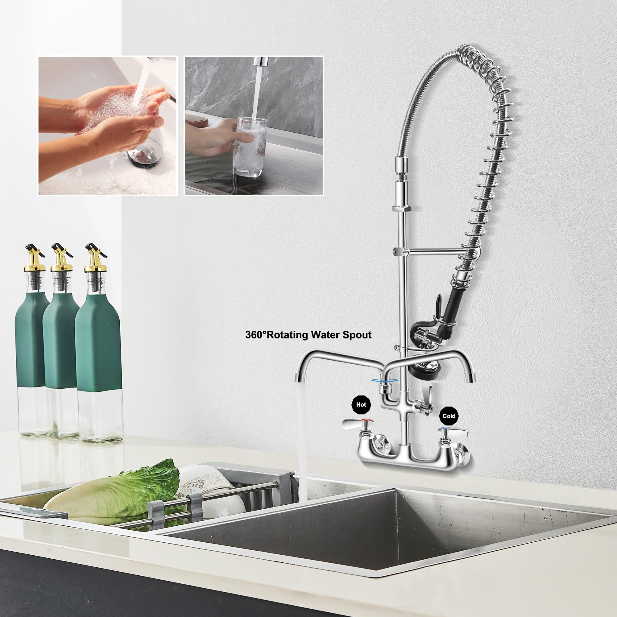 Hardura Restaurant Equipment Hardura Commercial Sink Faucet With Sprayer Wall Mount For Utility Sink, Kitchen Faucet Lead- Brass With 8" Center And 12" Swing Spout, 36" Adjustable Sprayer With 1.42 Gpm Flow Rate