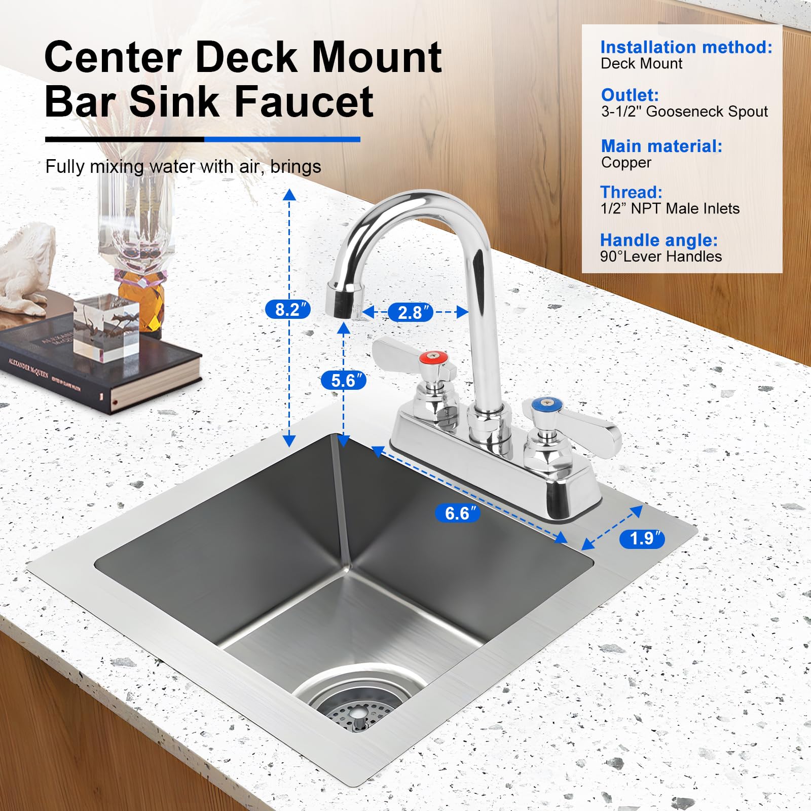 Zkdausdo Leak- Commercial Bar Sink Faucet 4" Center With Ceramic Valve, Deck Mount Hand Sink Faucet With 3-1/2" Gooseneck Spout, Dual Lever Handles, Brass Constructed, Commercial Grade