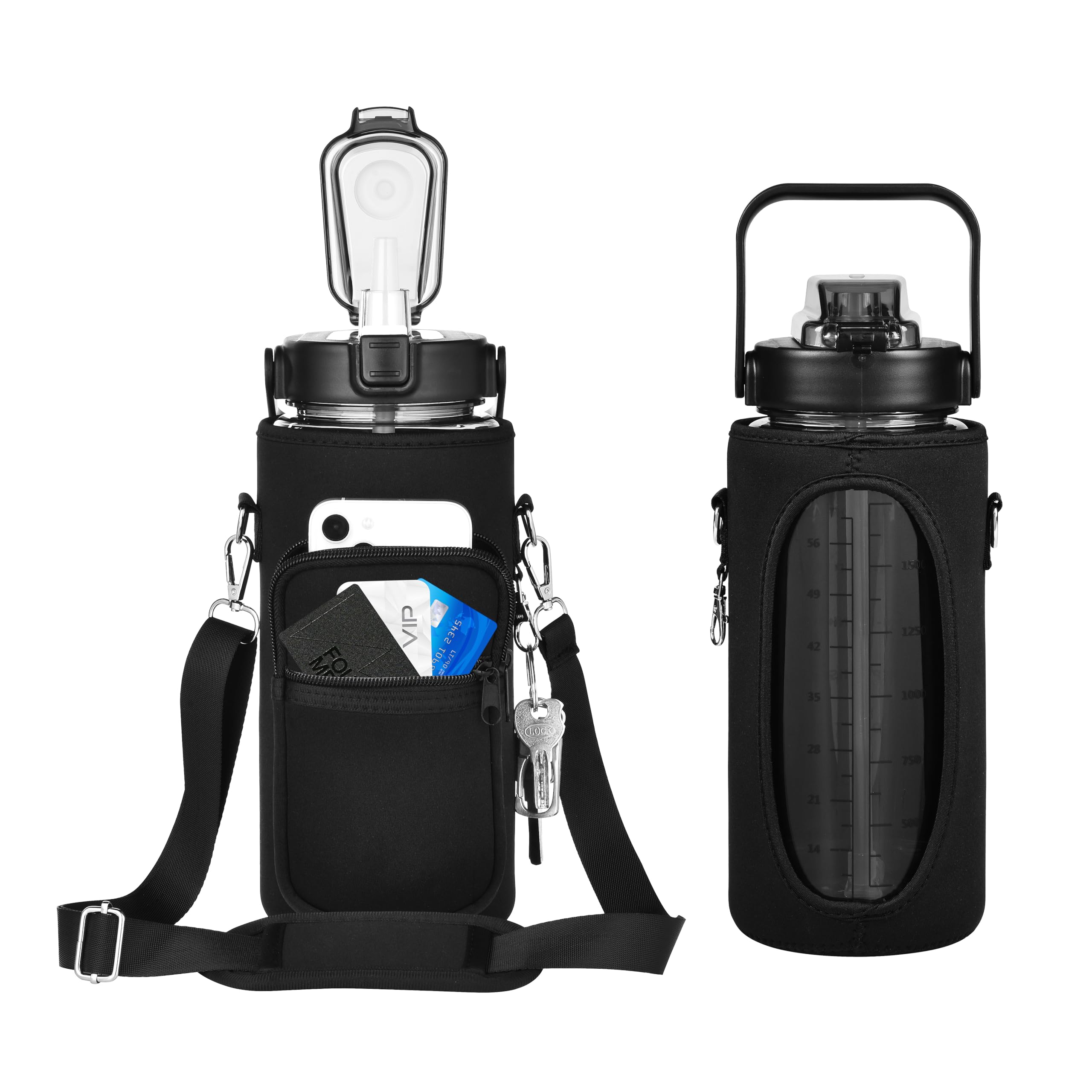 Ryi Half Gallon Water Bottle With Sleeve & Strap 64 Oz Motivational Water Bottles With Straw Large