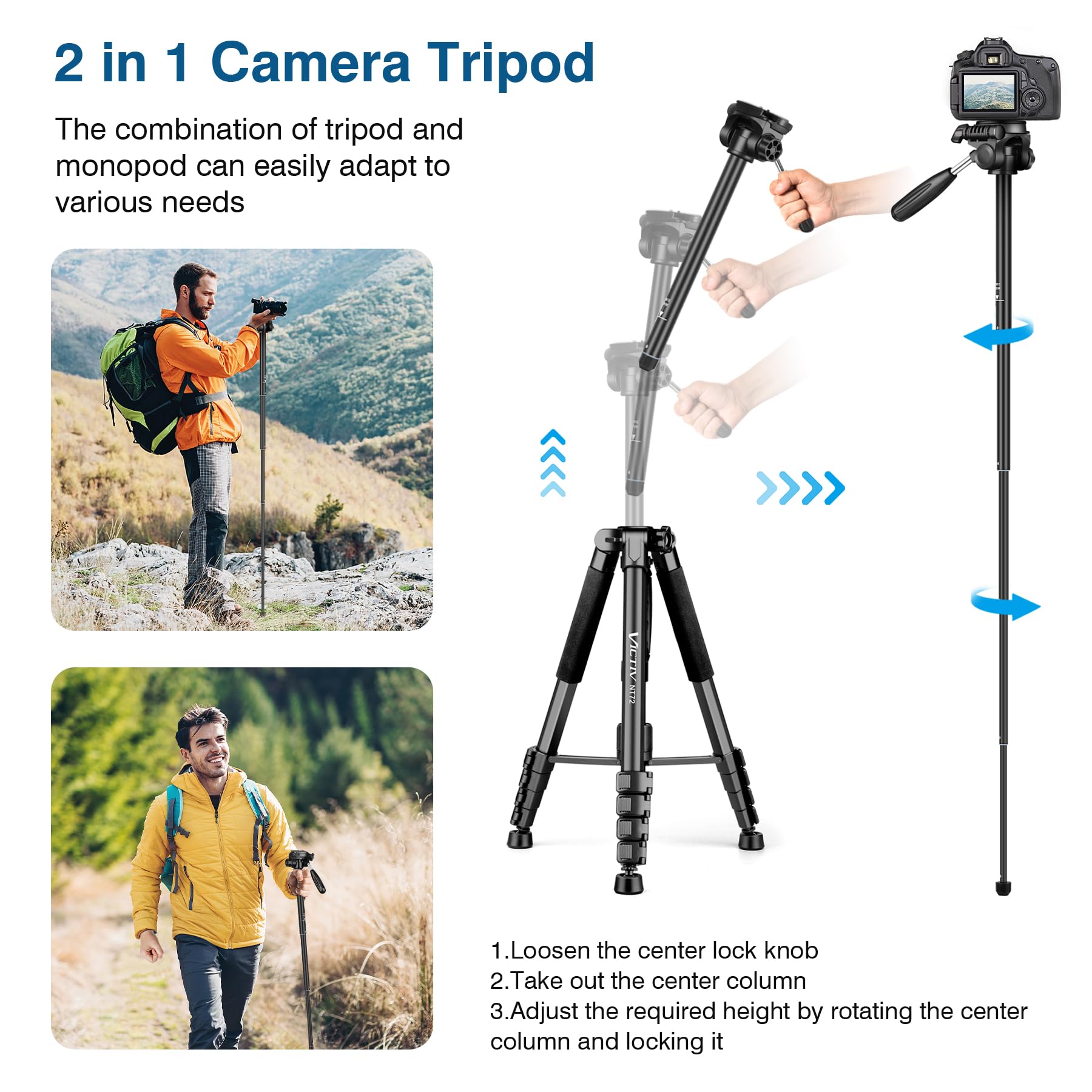 Victiv Tripod For Camera, 72" Tall Camera Tripod Monopod With Remote, Professional Heavy Duty Compact Camera Stand For Phone,Dslr, Spotting Scope, Telescope, Binocular