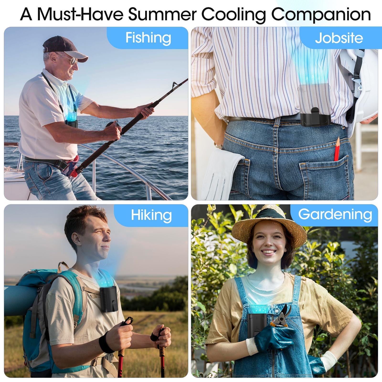 Ai personal waist fan with 6600 RPM airflow, up to 25 hours of runtime, and 4-speed settings