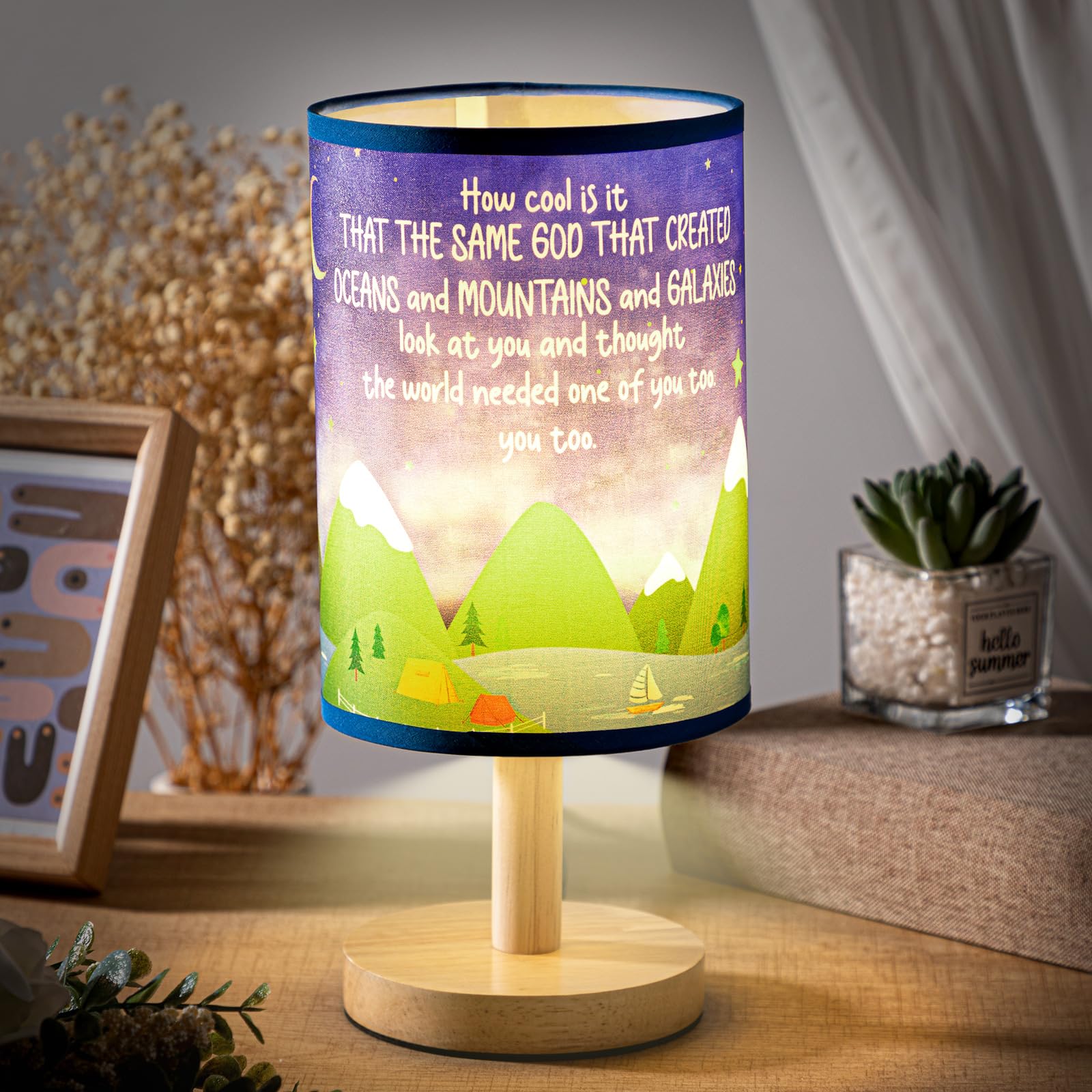 Tujoe Inspirational Quote Table Lamp Mountain Art Fabric Lamp Jesus Religious Baptism Christian For Women Men Girl Boy For Reading Bedroom Living Room Home Office(Landscape)