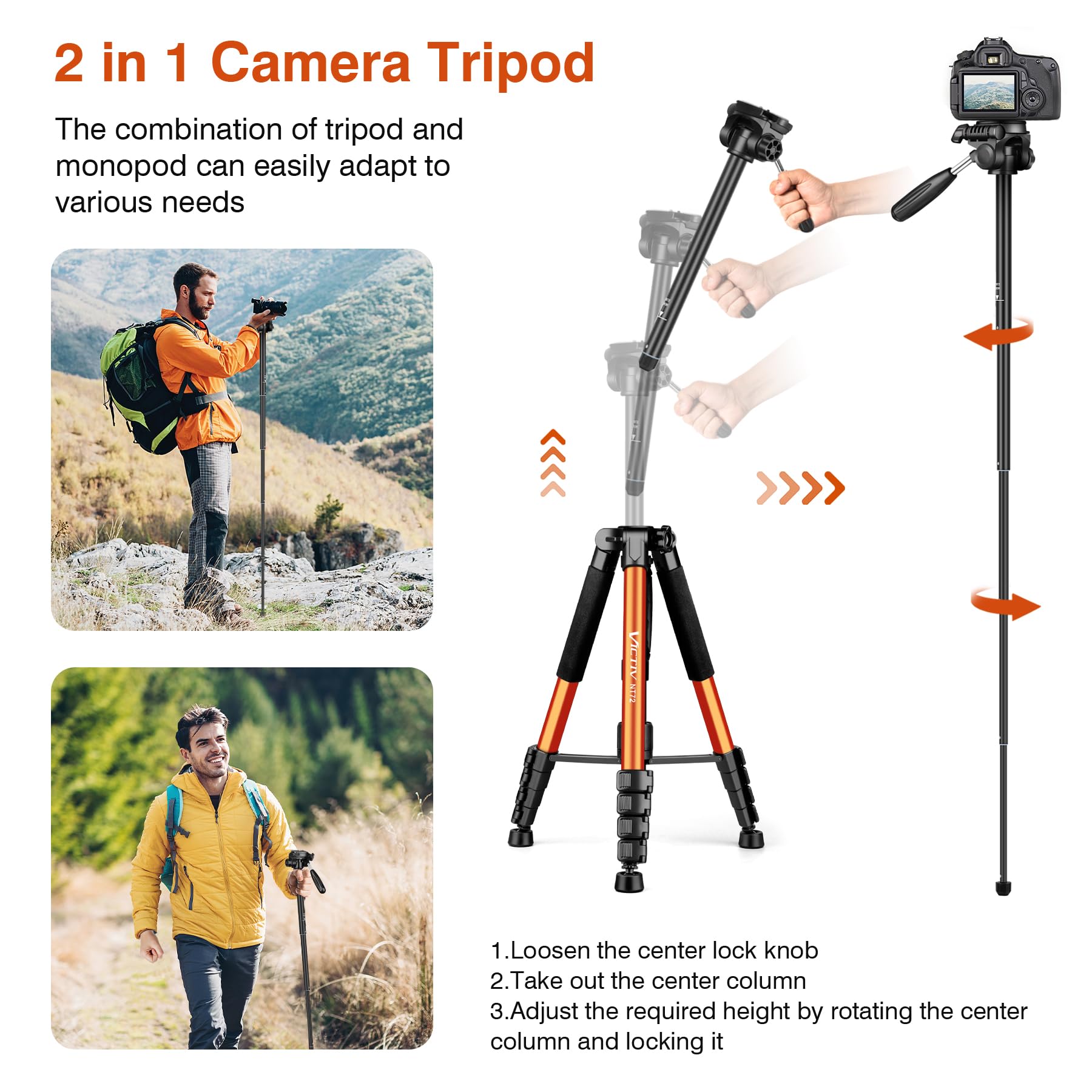 Victiv Tripod For Camera, 72" Tall Camera Tripod & Monopod With Remote, Professional Heavy Duty Compact Camera Stand For Phone, Dslr, Spotting Scope, Telescope, Binocular