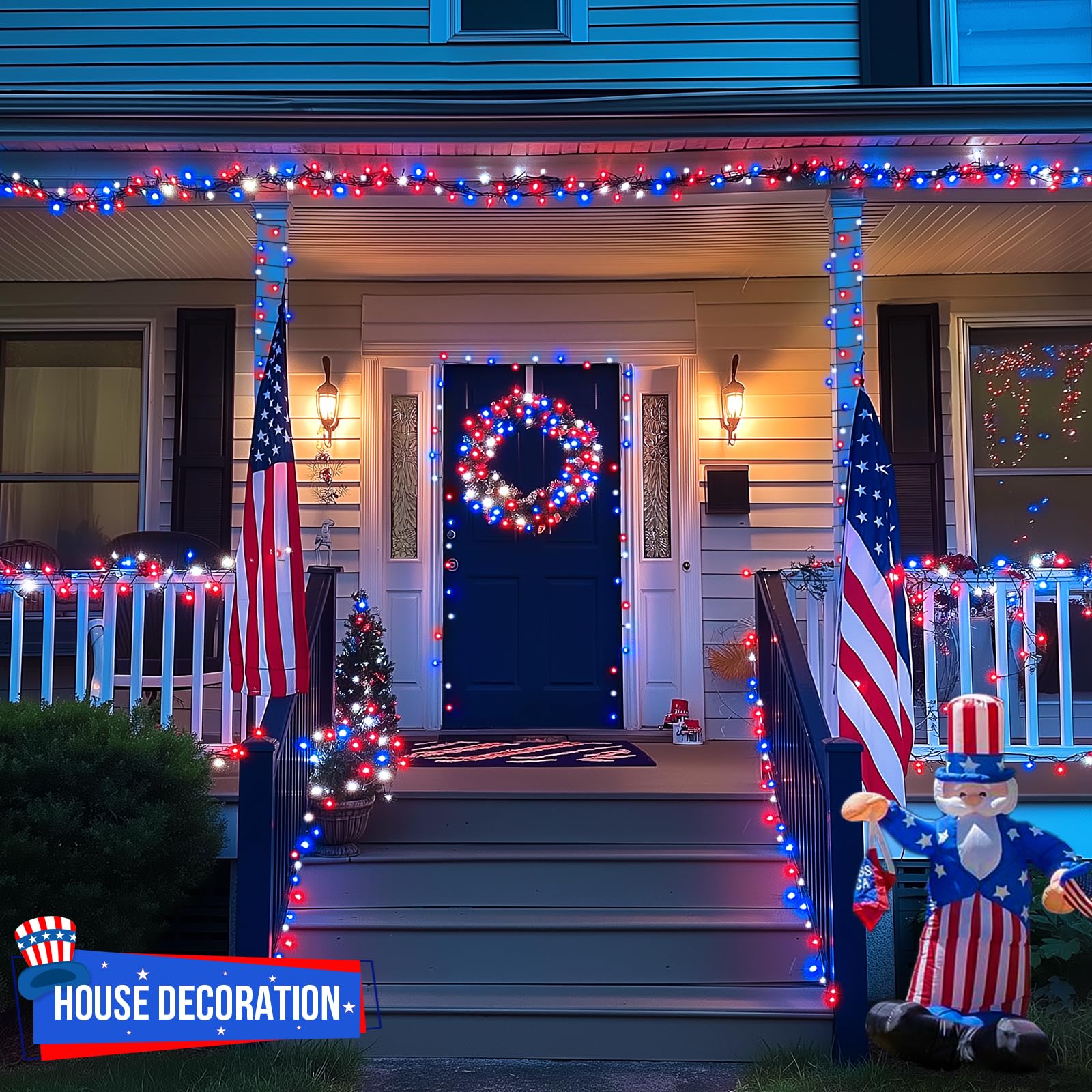 Jmexsuss 500 Led Red White And Blue Lights 4Th Of July Decorations, 173Ft 8 Modes 4Th Of July Lights Outdoor, Waterproof Patriotic String Light Plug In For Memorial Day Independence Day Holiday Decor