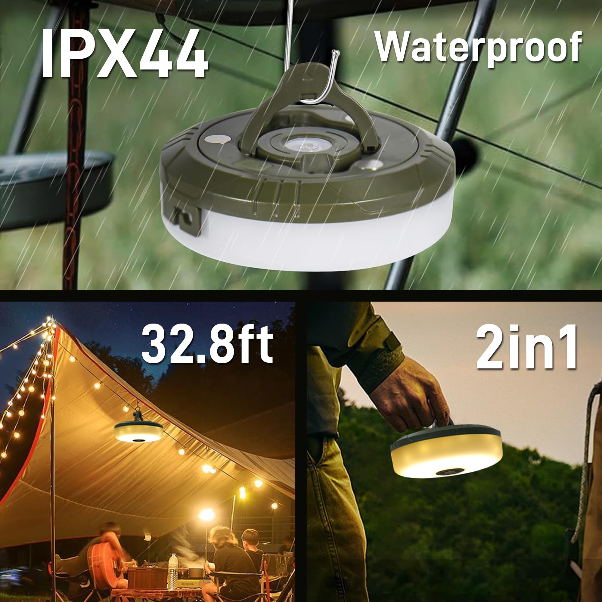 Wowza Powah 4 In 1 Camping String Lights 32.8Ft Outdoor Quick Storage Camping Lights String & Lanterns, 8 Modes Retractable Camping Essentials Waterproof Camp Lights For Tent Gear