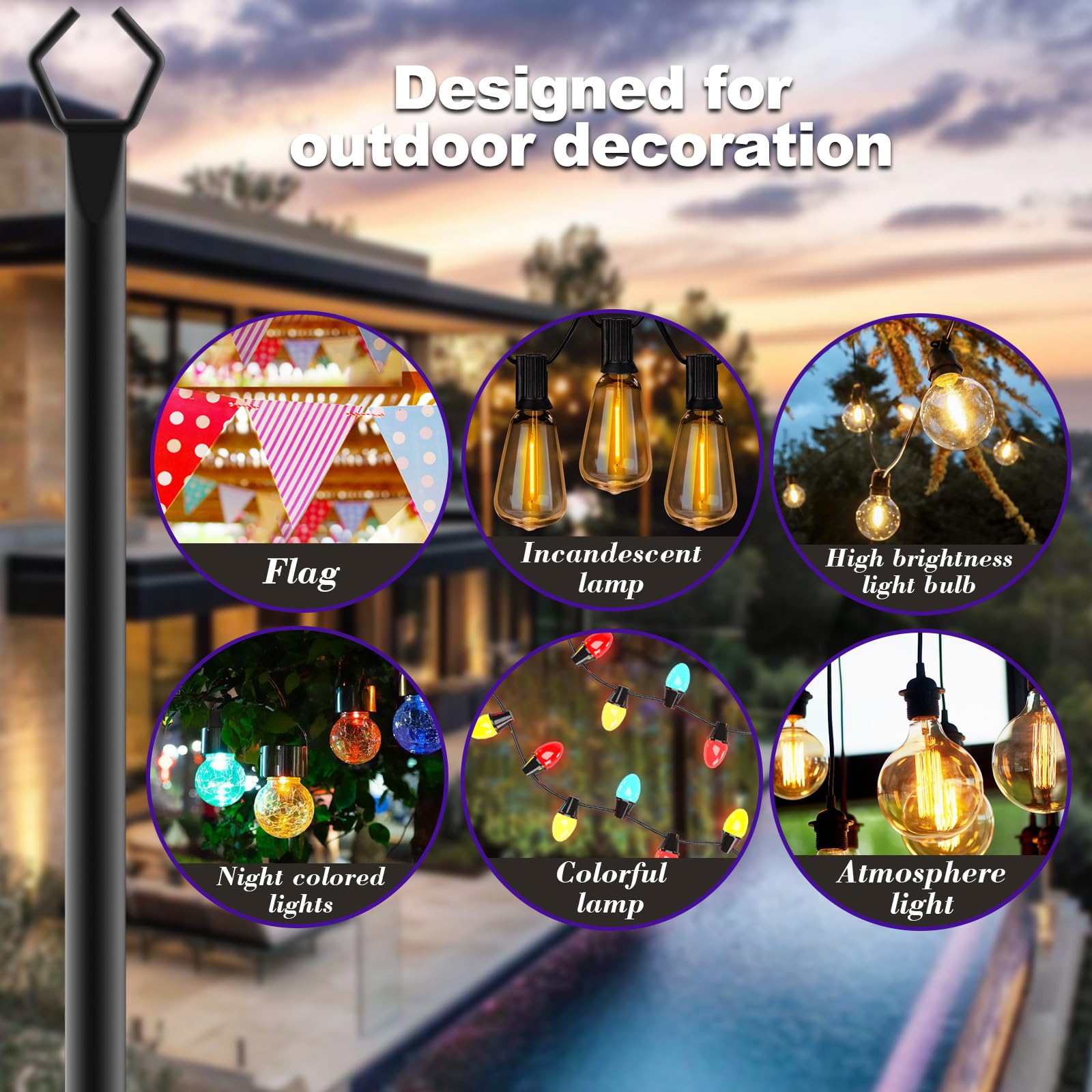 Zoegi 10Ft String Light Poles 4 Pack,Light Poles For Outside Lights With Fork,Outdoor Brackets Hanging Lights,Metal Stand For Deck Patio,Backyard,Wedding,Deck,Party