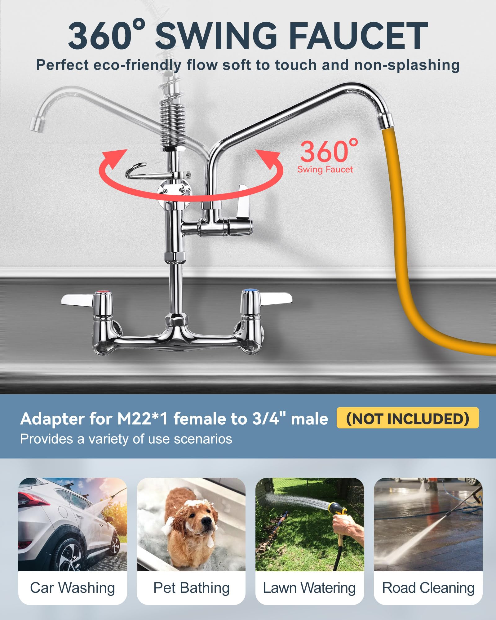 Arcora Commercial Kitchen Faucet Wall Mount: With Pre-Rinse Sprayer - Industrial Restaurant 21" Height 8'' Center Compartment Sink Faucet With 10" Add-On Swing Faucet Chrome