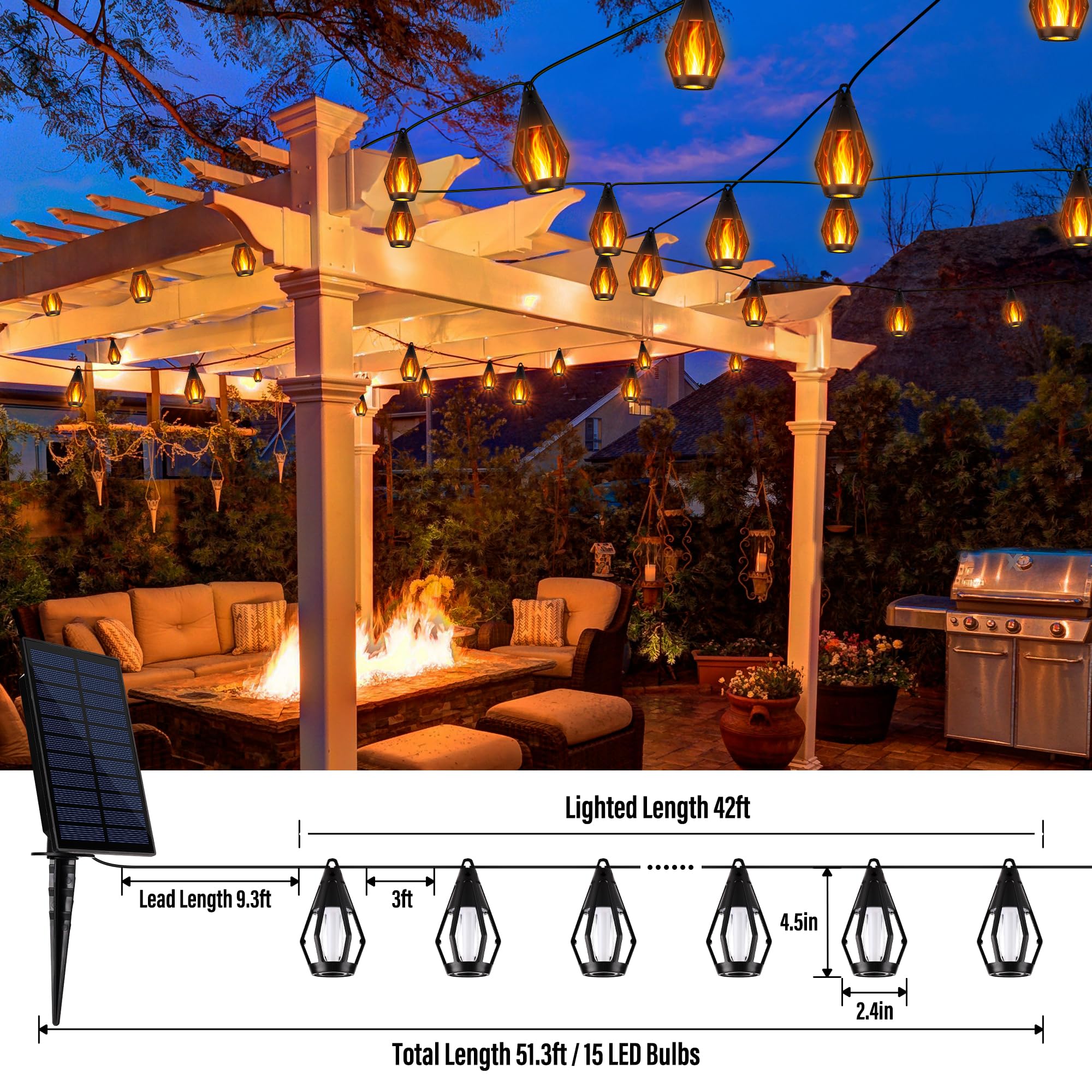 Flacchi Solar Flame String Lights - 48Ft 15 Led Lights Outdoor Solar String Lights For Garden Patio Decoration