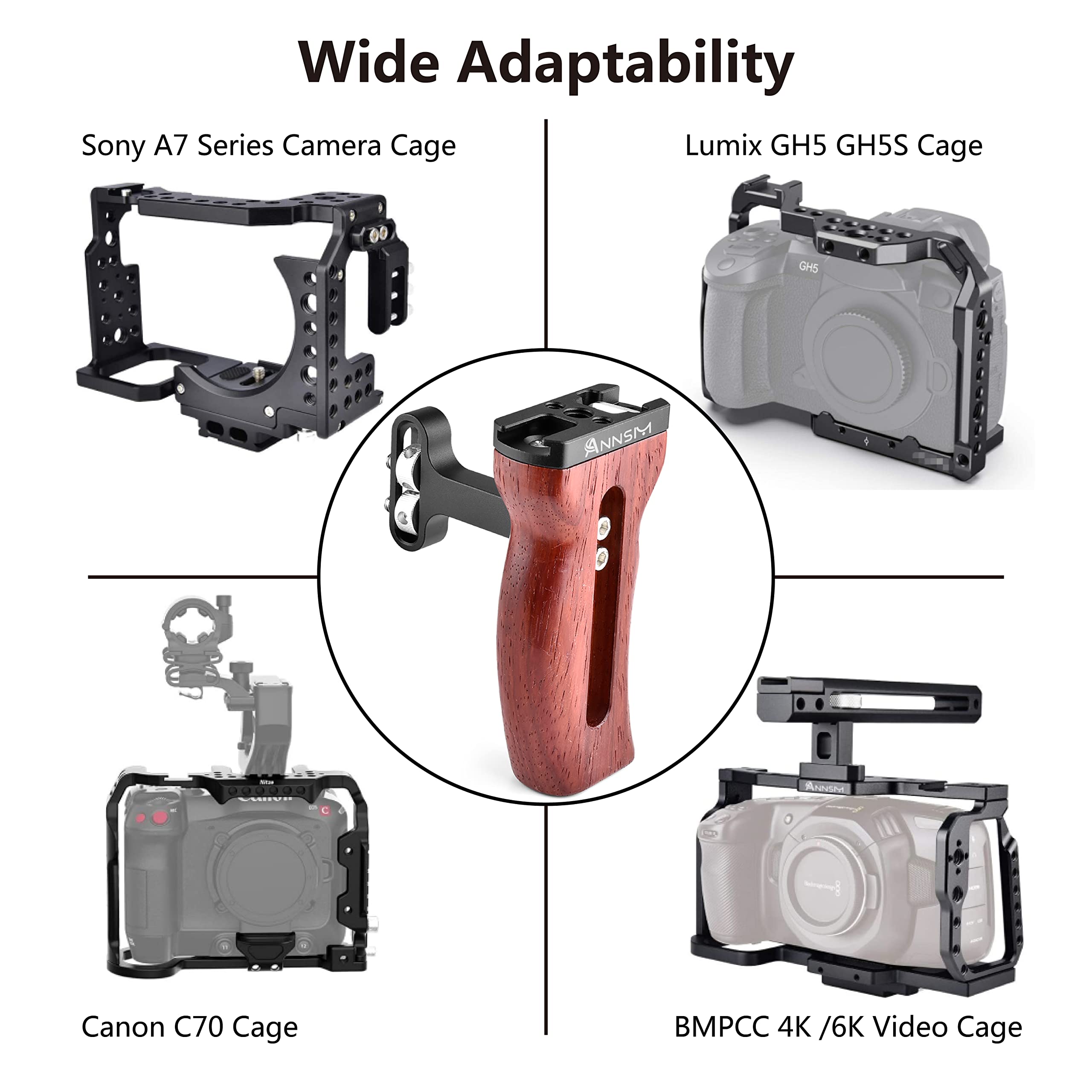 Annsm Side Wooden Handle Grip For Dslr Camera Cage, Cold Shoe Mount, Built-In Wrench, Threaded Holes, Left Right Compatible Iphone/Smartphone/Video Rig Videography/Camera Cage