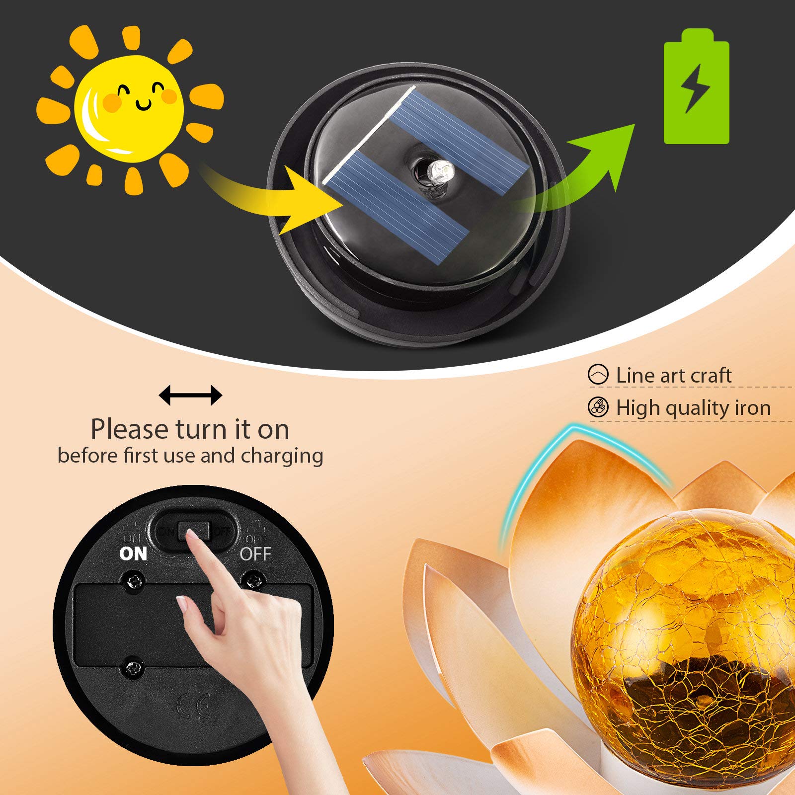 Aiiny Garden Solar Lights Outdoor(2Pack) , Amber Crackle Globe Glass Lotus Decoration , Waterproof Orange Metal Led Flower Lights For Patio,Lawn,Walkway,Tabletop,Ground, Garden  For Women