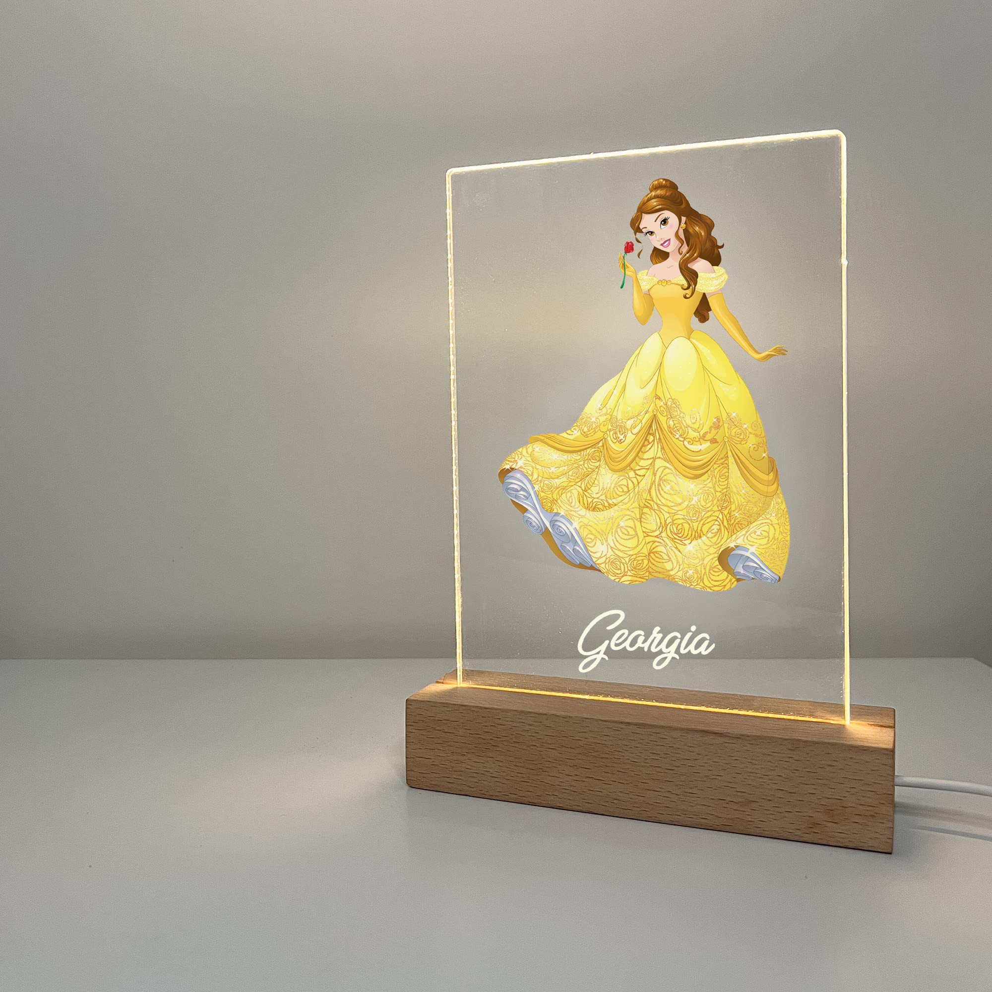 Mirror Mania Belle Premium Wood Base Stand Soft Night Light Up Table Desk Lamp Led Princess Sign Personalized Engraved With Your Name On It, Made To Order Home Girls Room Decor, A Must Have