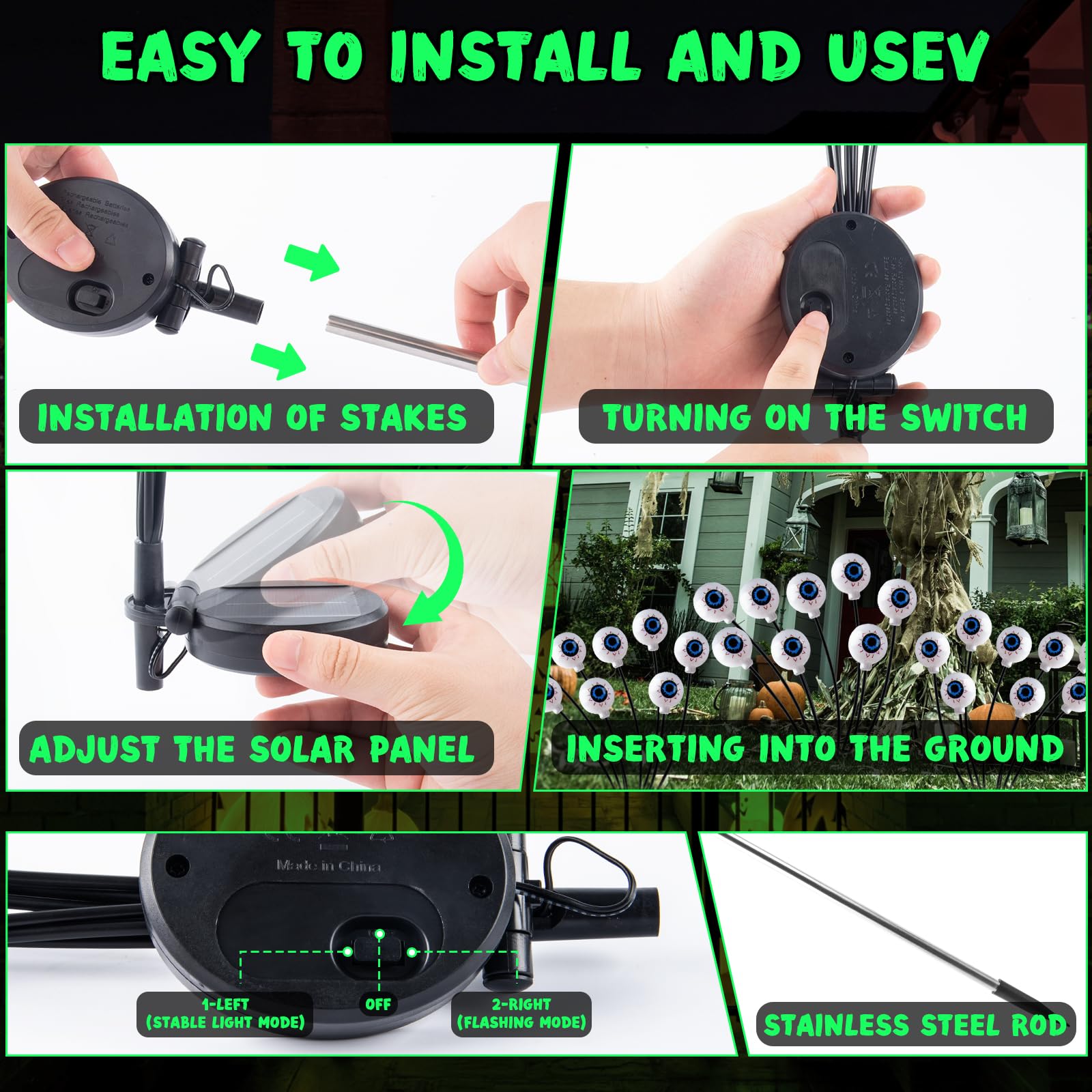 Deesalio Halloween Decorations Outdoor Solar Scary Eyeball Lights, 2 Pack 16Led Solar Eyeball Pathway Lights, Waterproof Eyeball Swaying Firefly Lights For Yard/Garden/Lawn/Party Decor (Green)