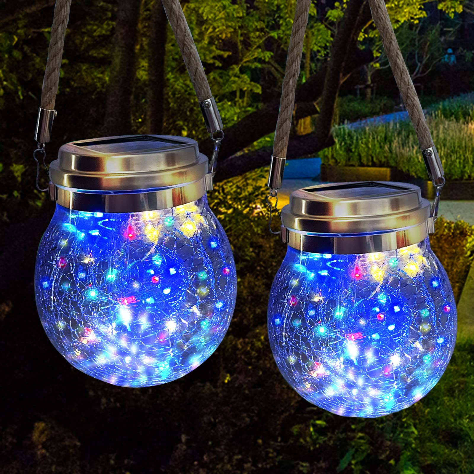 Zqx Outdoor Hanging Solar Lights, 2 Pack 30 Led Solar Cracked Glass Ball Lanterns With Handle, Waterproof Decorative Lights For Garden, Patio, Yard, Christmas, Wedding, Party Decor (Colorful)