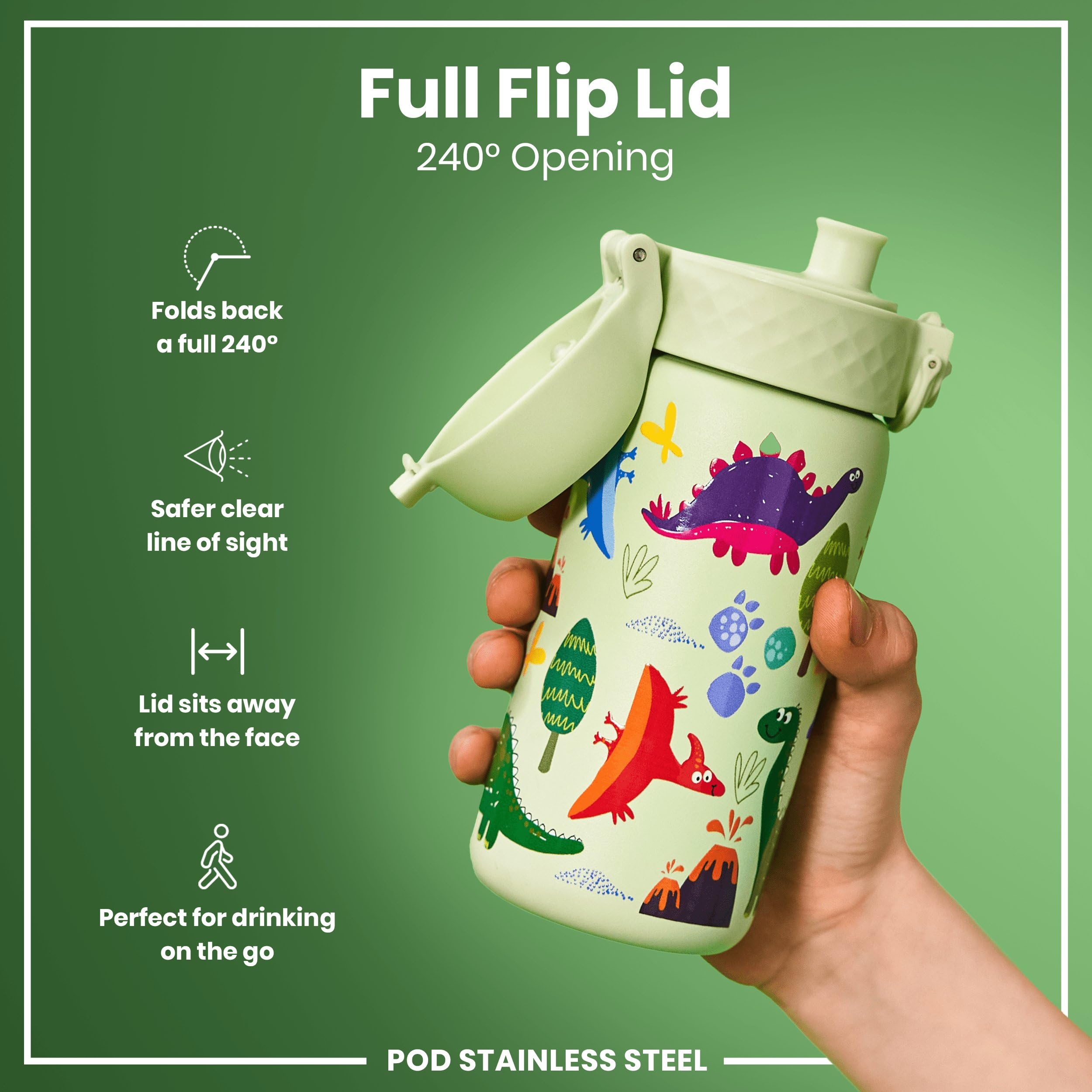 Ion8 Kids Water Bottle, Steel 400 Ml/13 Oz, Leak Proof, Easy To Open, Secure Lock, Dishwasher Safe