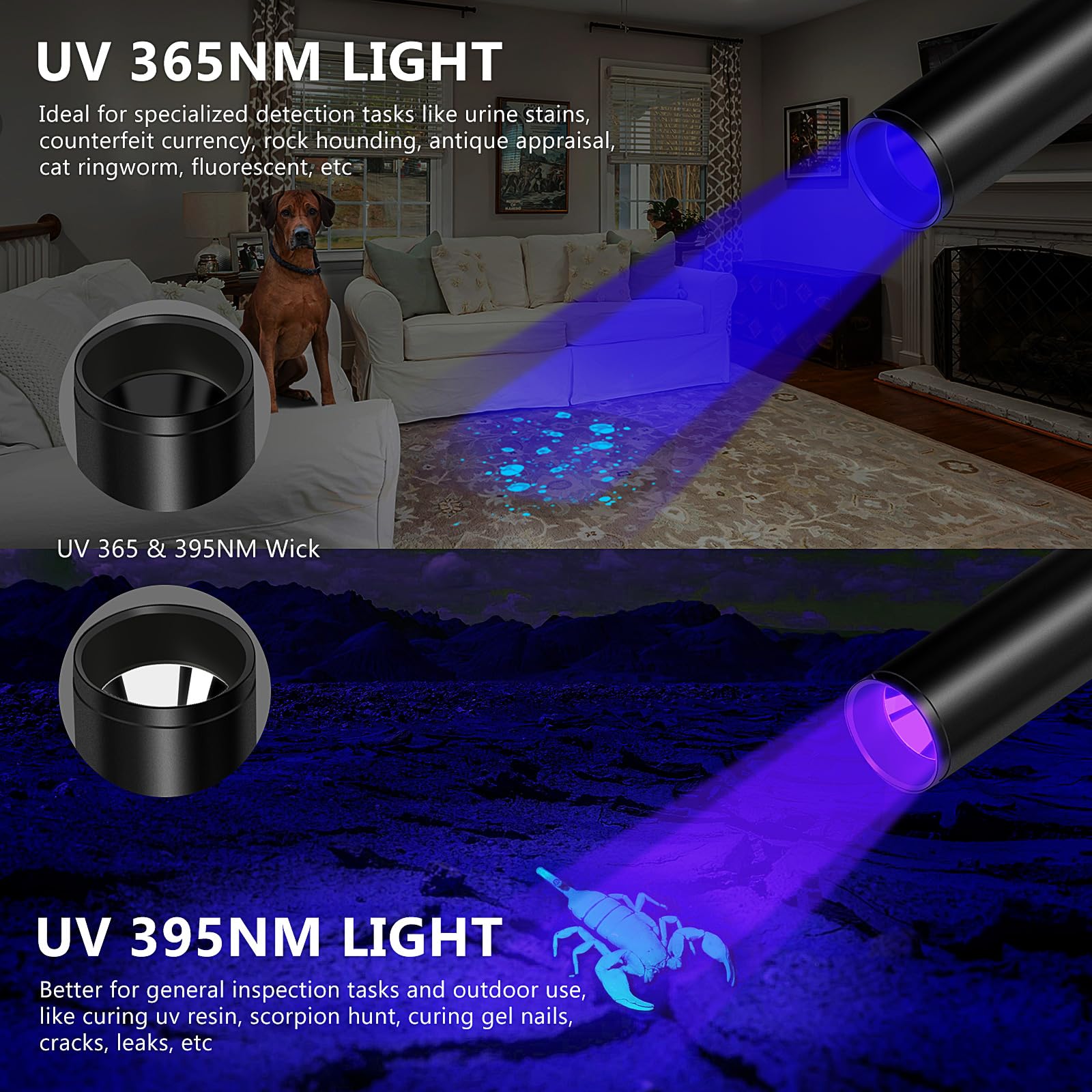 Luxnovaq Uv Flashlight 365Nm & 395Nm Uv Light, Mini Powerful Rechargeable Black Light, Usb Led Ultraviolet Flashlights Pet Urine Detector Light For Resin Curing, Uranium Glass, Rocks, Scorpion, 4 Pack