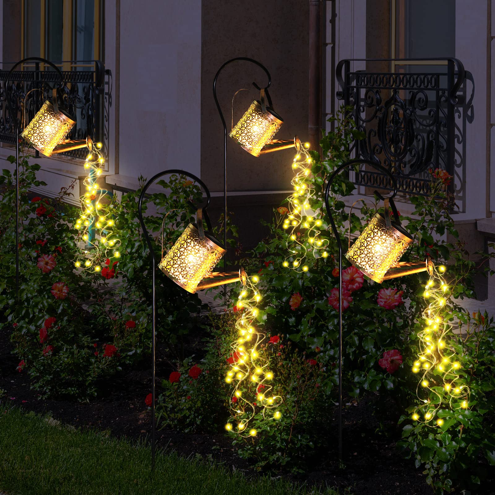 Fabbay 4 Pcs Solar Watering Can With Lights Outdoor Waterproof Solar Lights With Hook Retro Decorative Hanging Metal Yard Decor For Garden Table Lawn Patio Pathway Porch Walkway