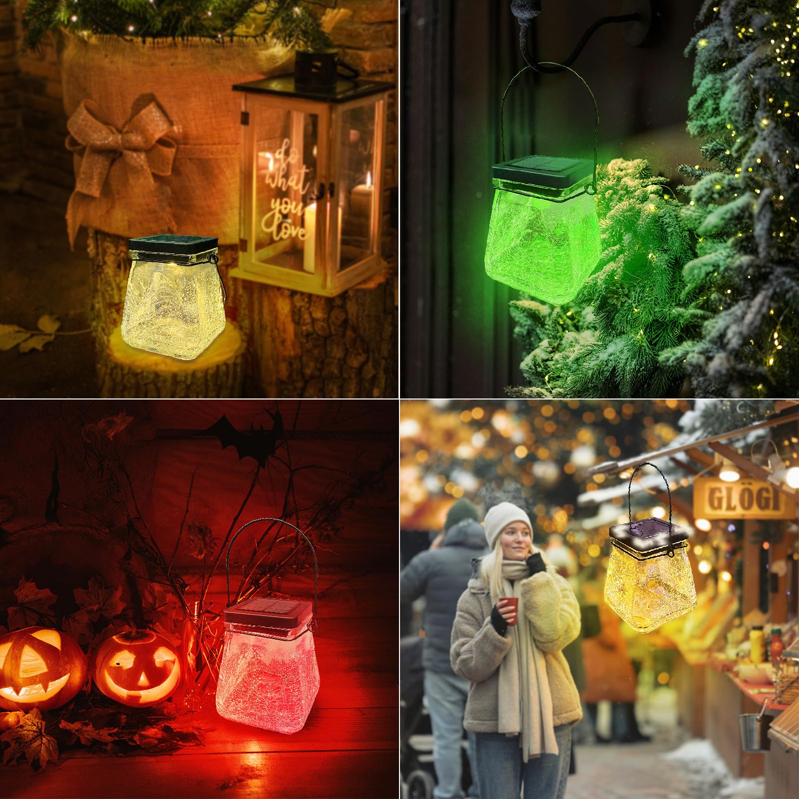 Megfiehun Solar Lantern Outdoor Waterproof,Hanging Solar Rgb Lights For Outside,Crackle Glass Outdoor Lantern Table Lamps For Garden Decor Patio Yard Lawn Pathway